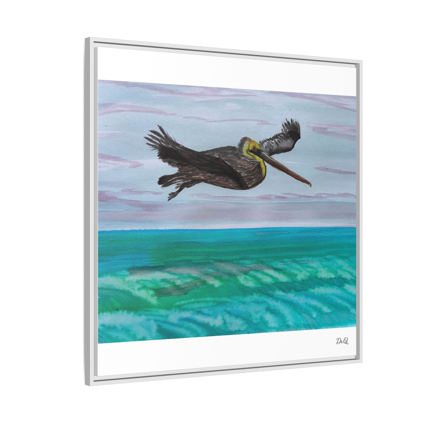 Brown Pelican Over Ocean Matte Framed Canvas Art