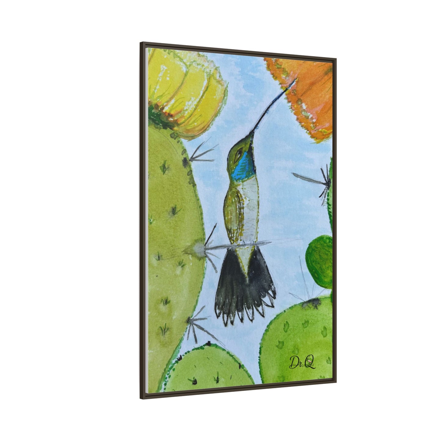 Framed Hummingbird Cactus Watercolor Print on Canvas by Dr. Q — Floral Desert Wall Art