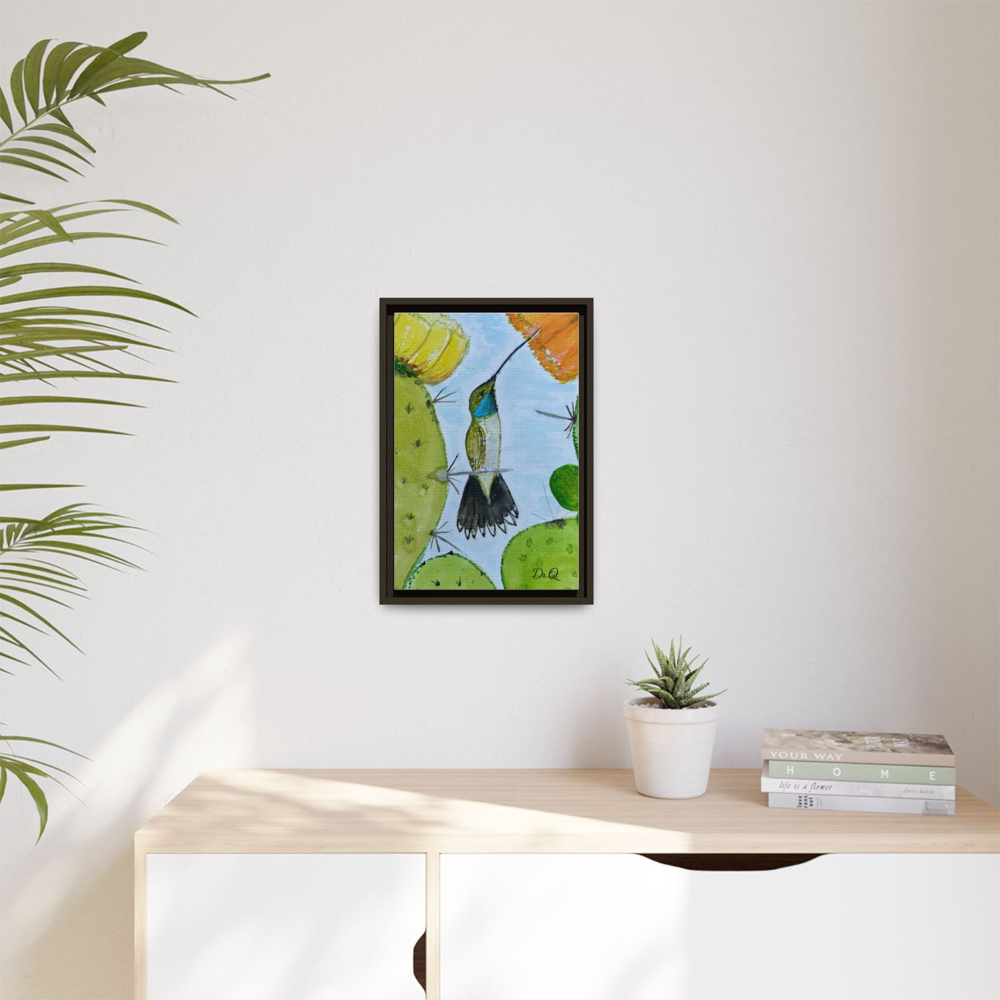 Framed Hummingbird Cactus Watercolor Print on Canvas by Dr. Q — Floral Desert Wall Art