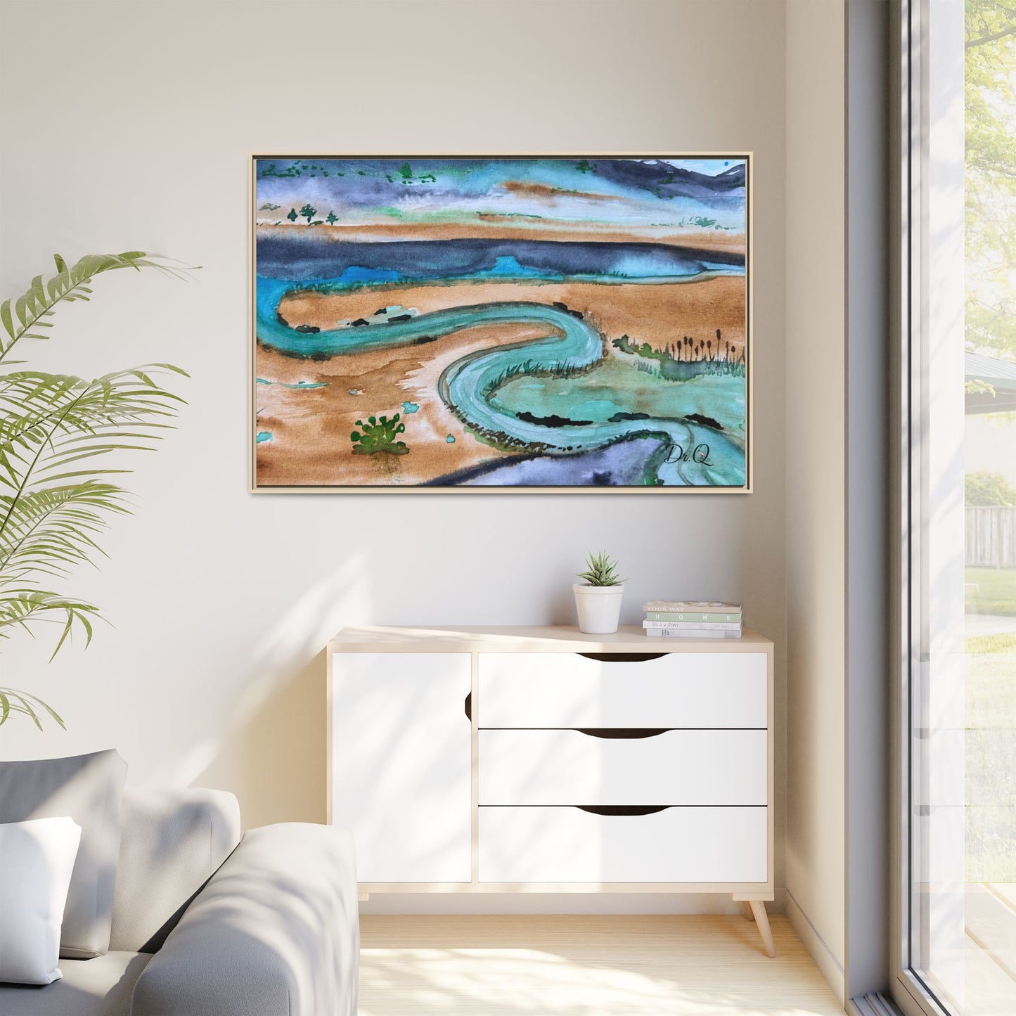 Winding River by Dr. Q - Framed Matte Canvas Watercolor Wall Art