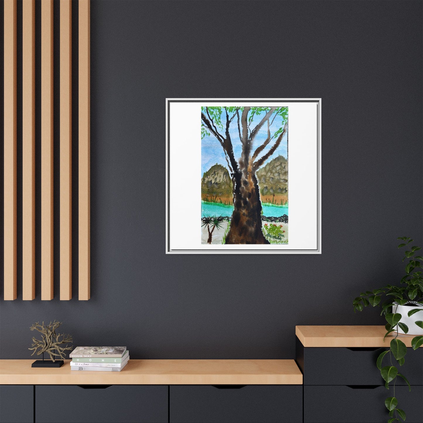 Tranquil Lakeside Tree Watercolor - Framed Matte Canvas Print by Dr. Q