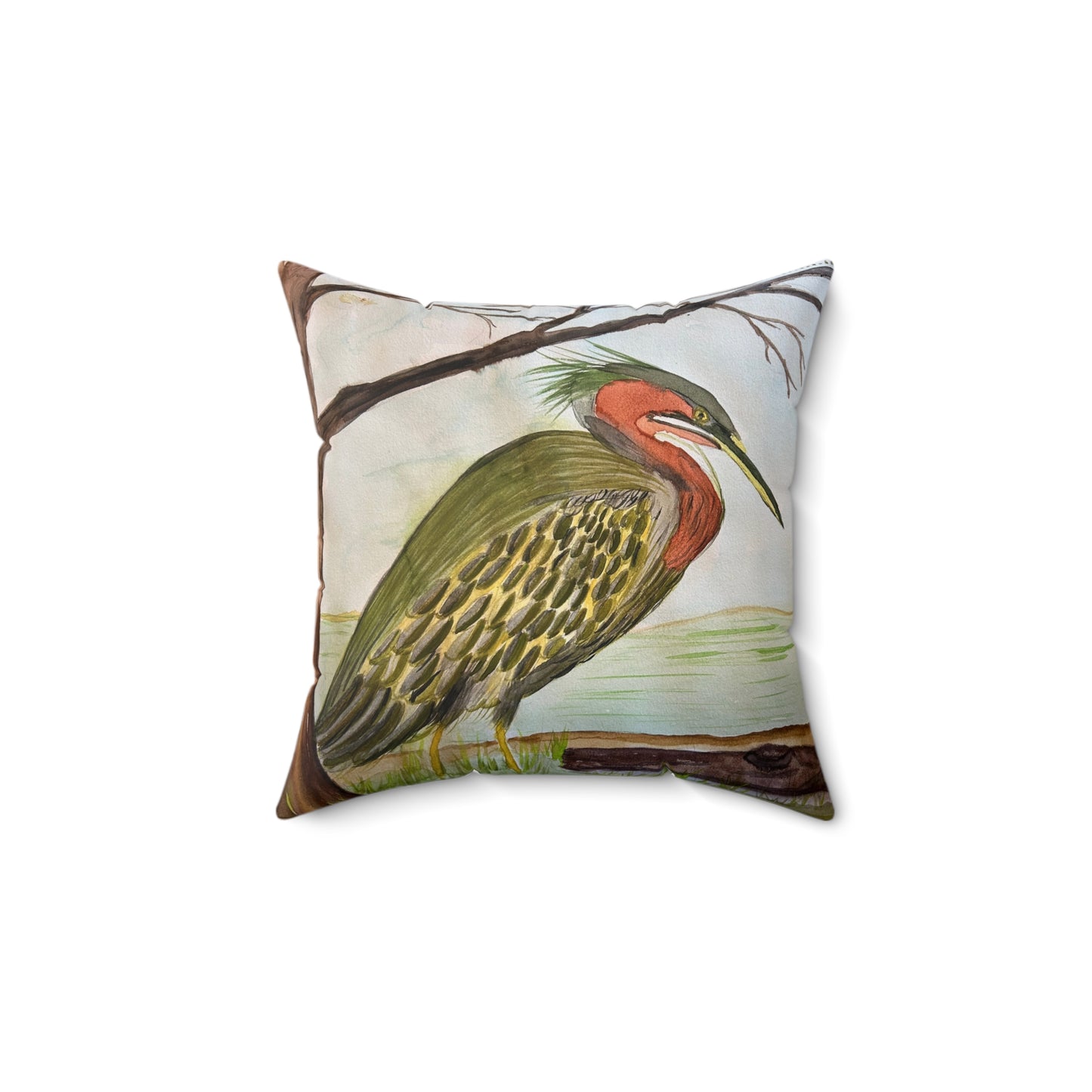 Green Heron Spun Polyester Square Pillow
