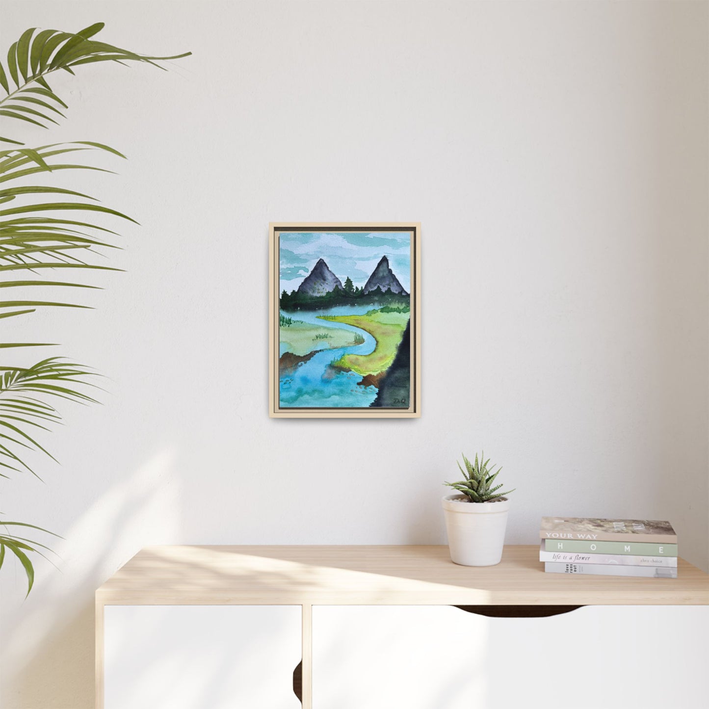 Mountain River Framed Canvas Watercolor Print by Dr. Q