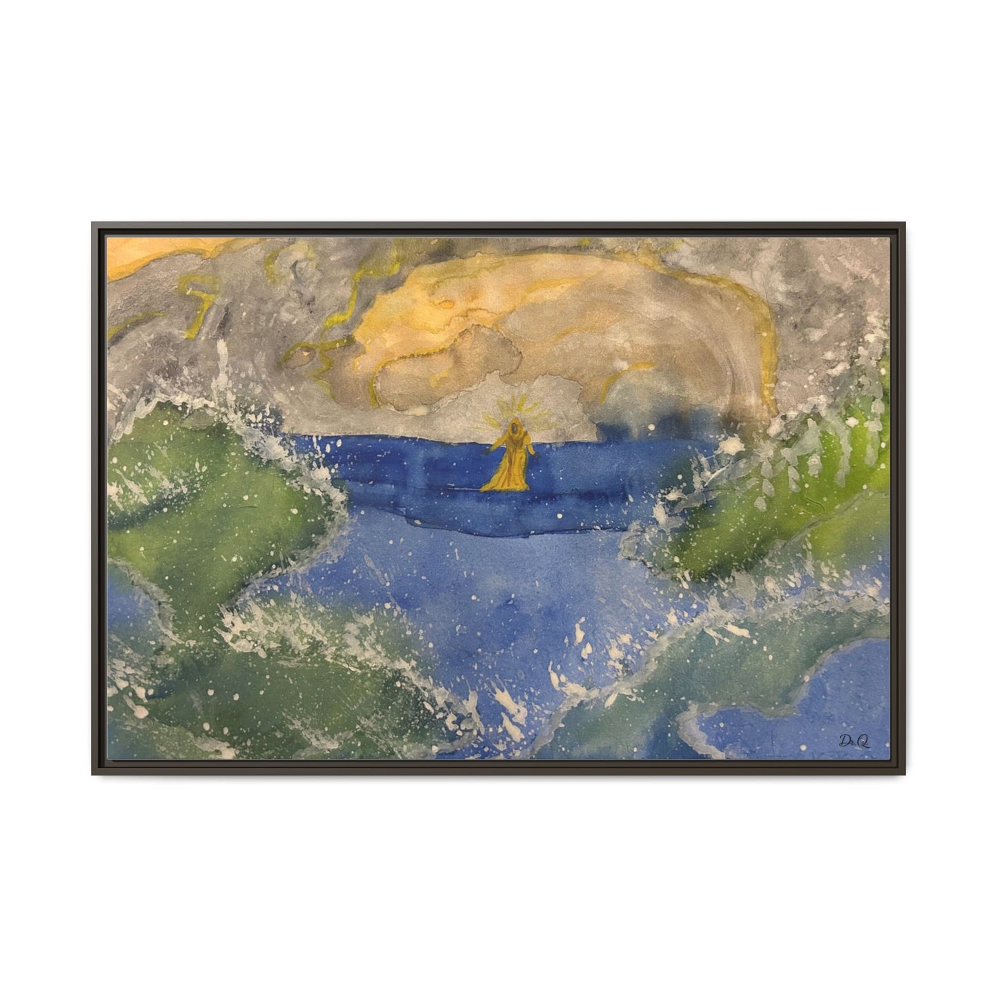 "Faith in the Storm" Framed Matte Canvas Seascape — Golden Sail at Sunset