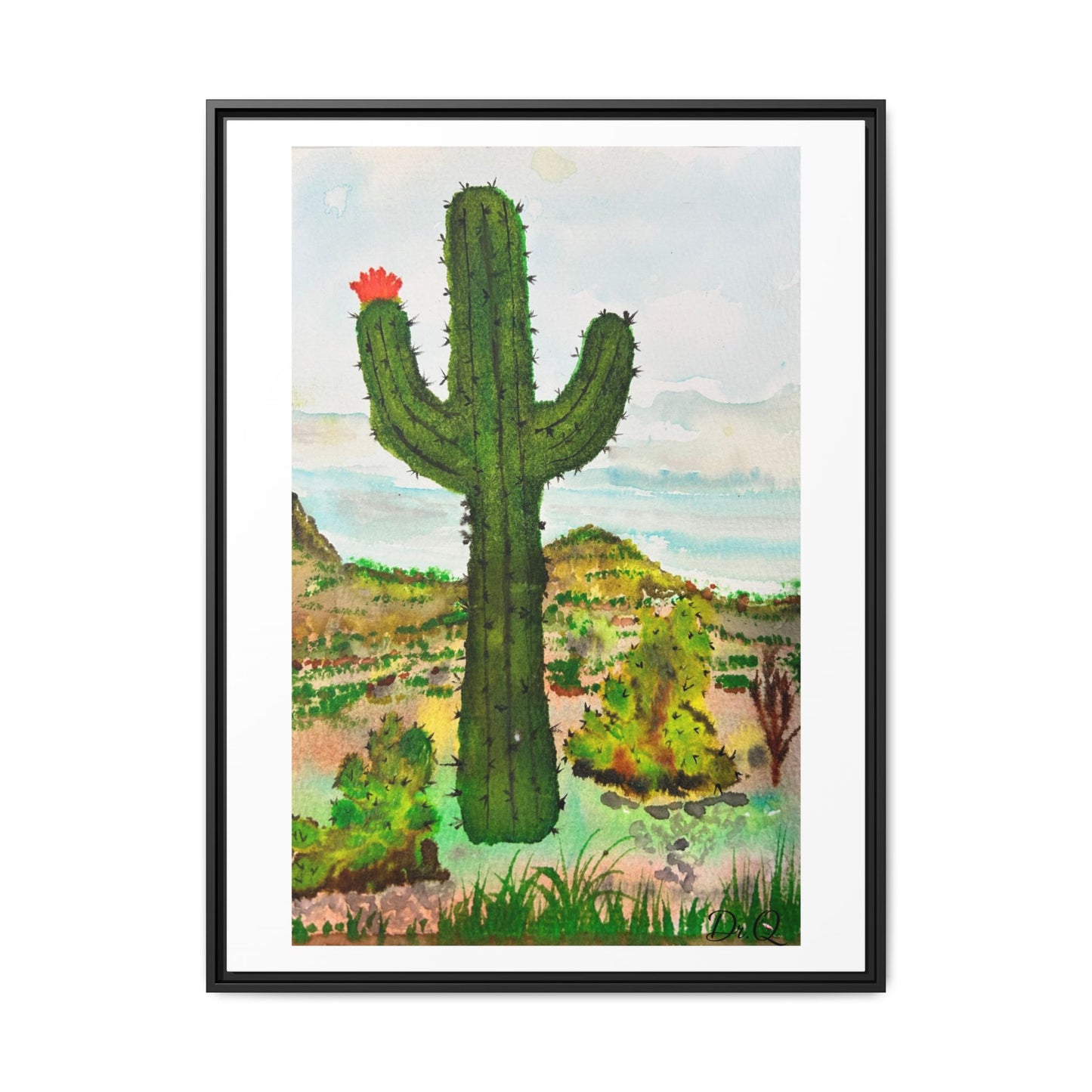Framed Cactus Canvas Print — Desert Watercolor Wall Art