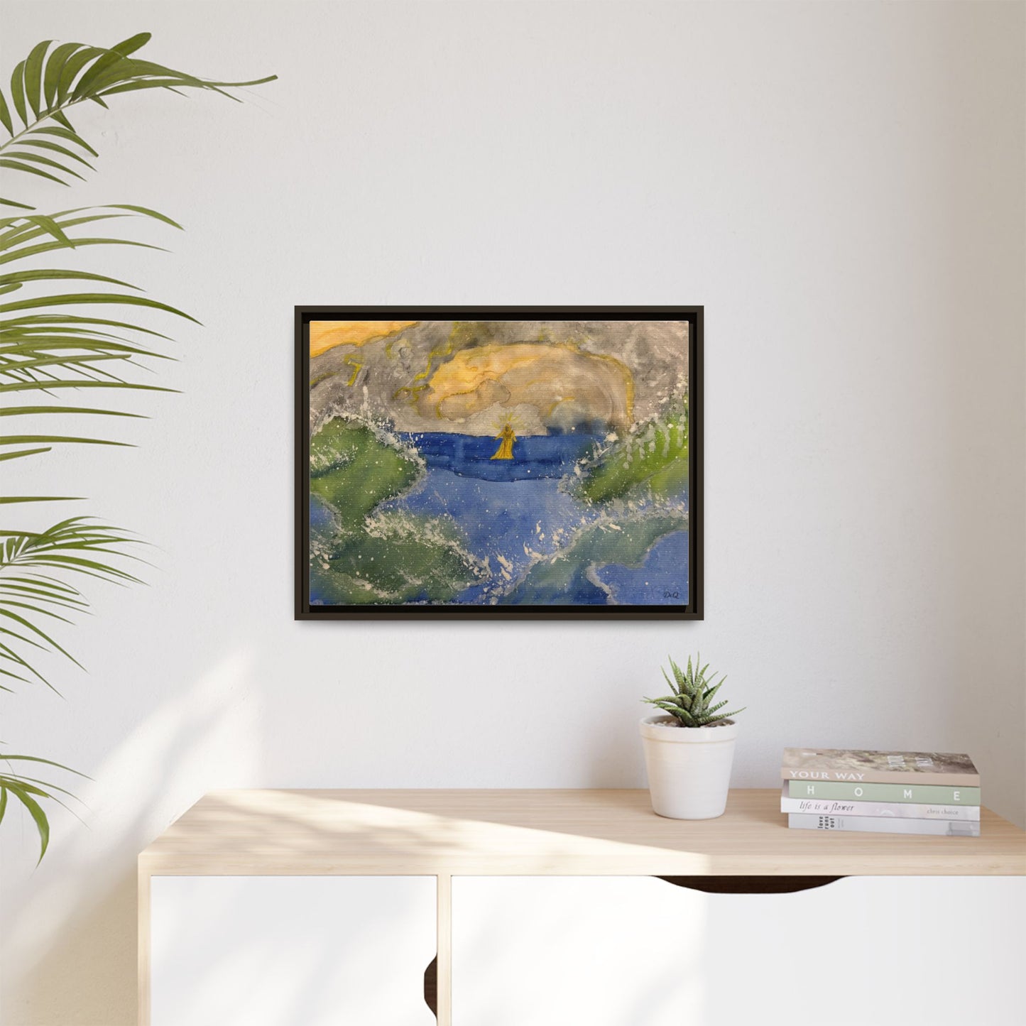 "Faith in the Storm" Framed Matte Canvas Seascape — Golden Sail at Sunset