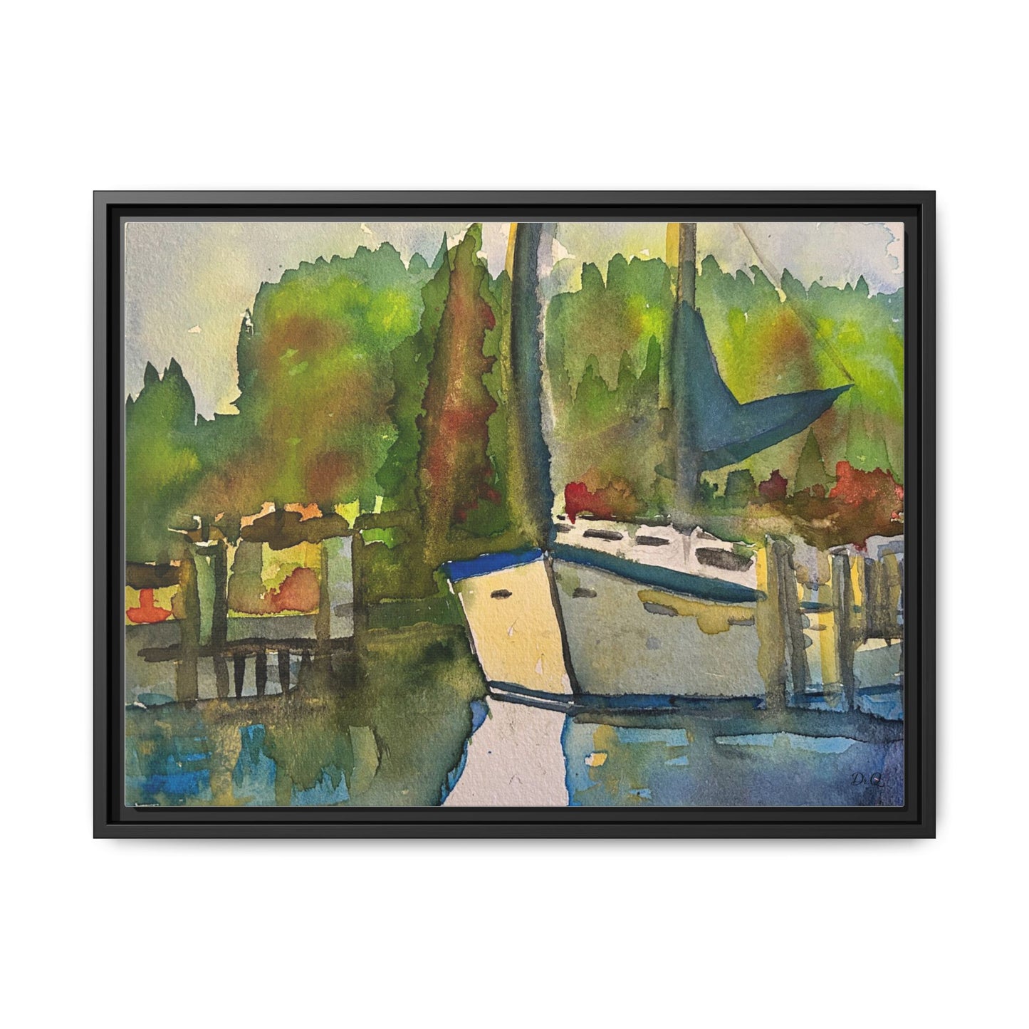 Sailboat Harbor Watercolor — Framed Matte Canvas Wall Art