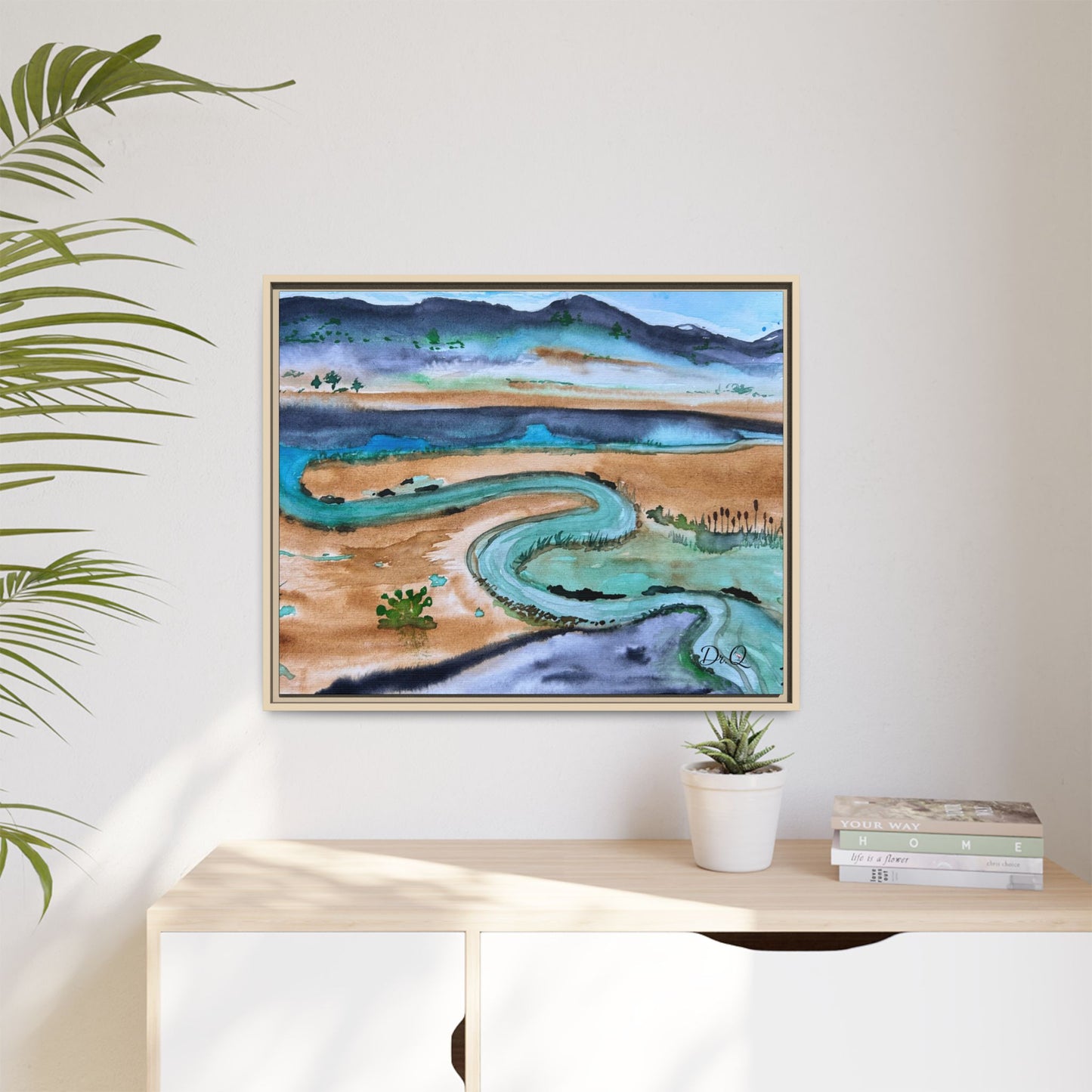 Winding River by Dr. Q - Framed Matte Canvas Watercolor Wall Art