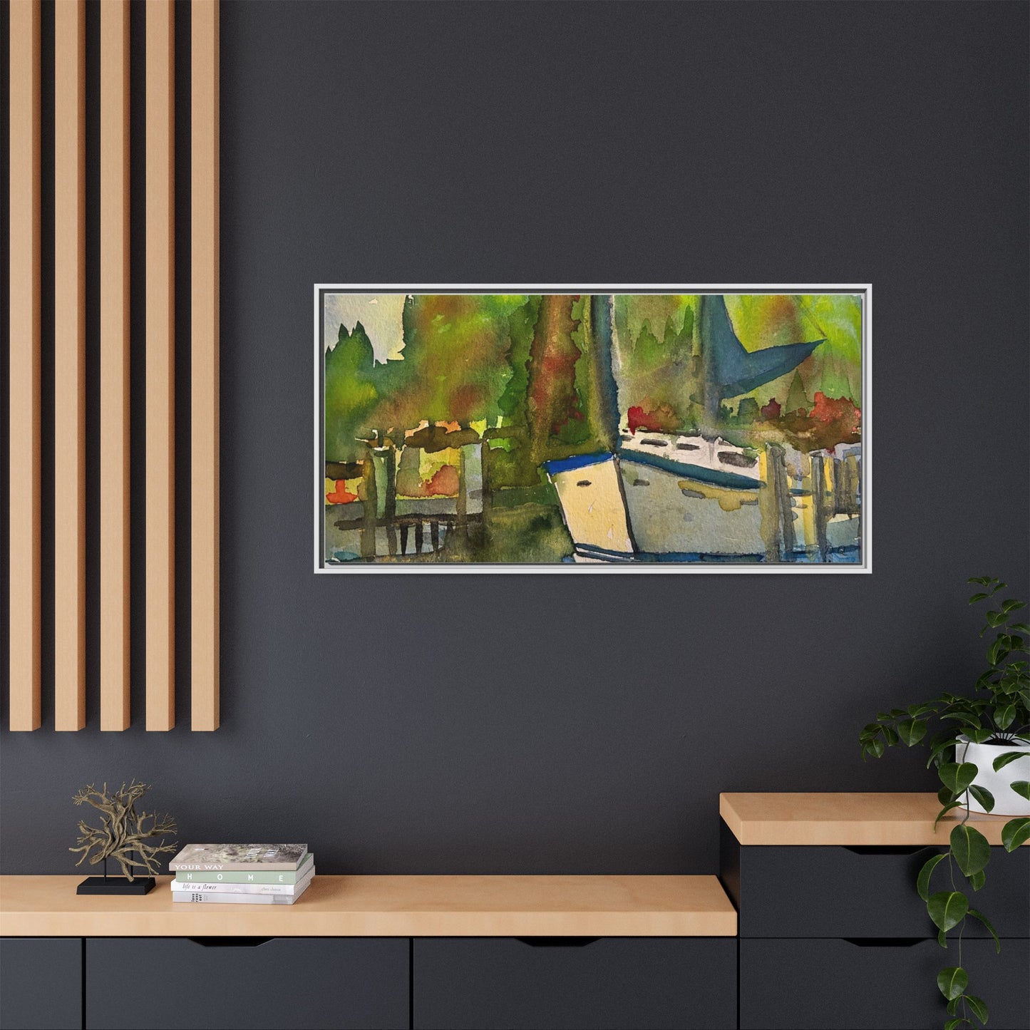 Sailboat Harbor Watercolor — Framed Matte Canvas Wall Art
