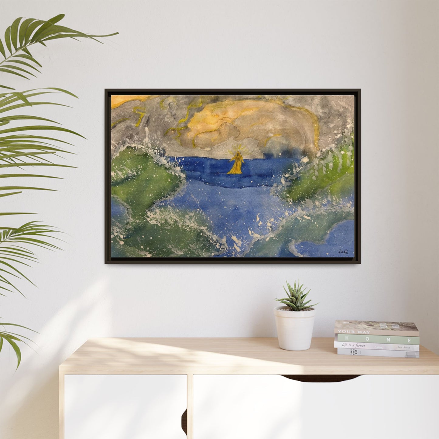 "Faith in the Storm" Framed Matte Canvas Seascape — Golden Sail at Sunset