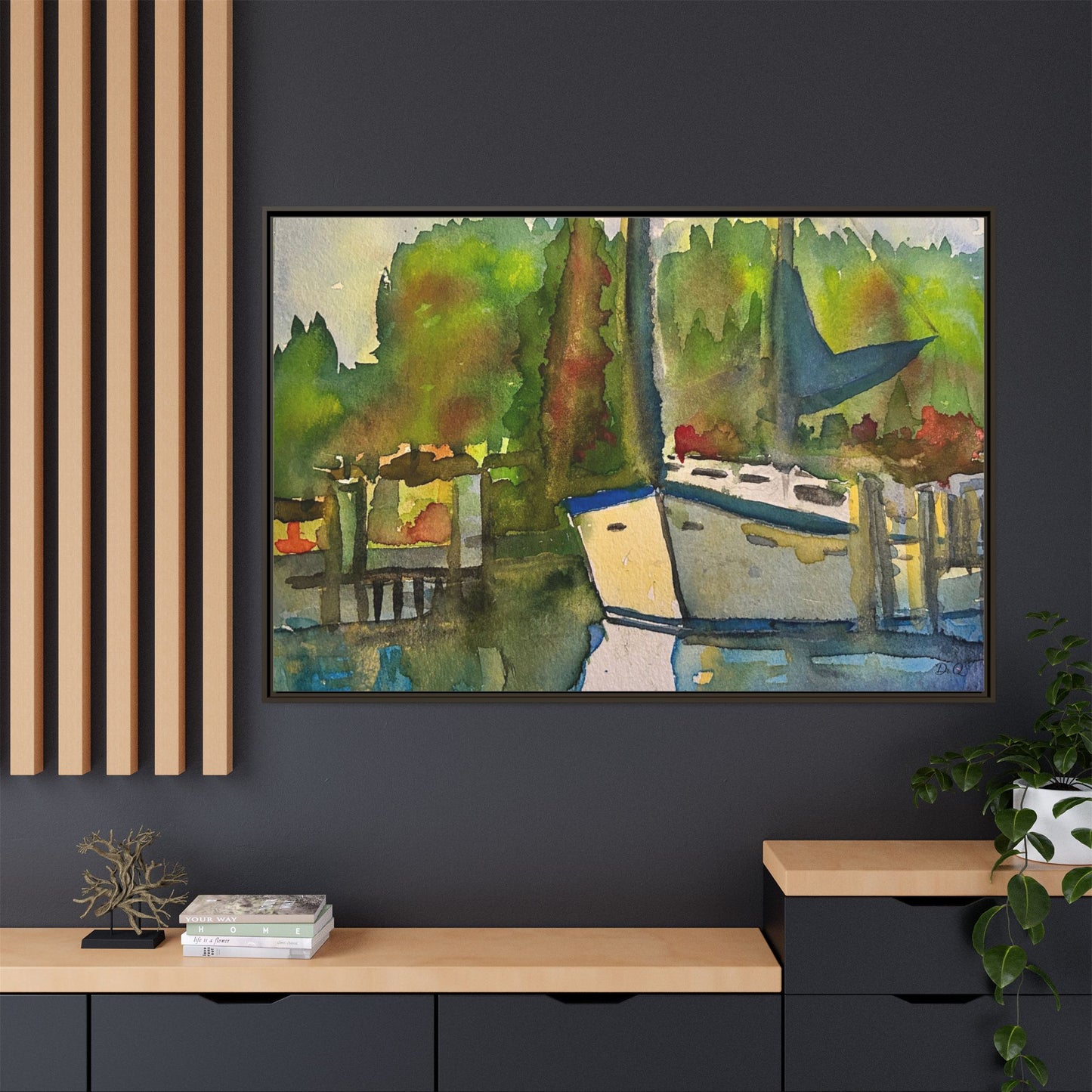 Sailboat Harbor Watercolor — Framed Matte Canvas Wall Art