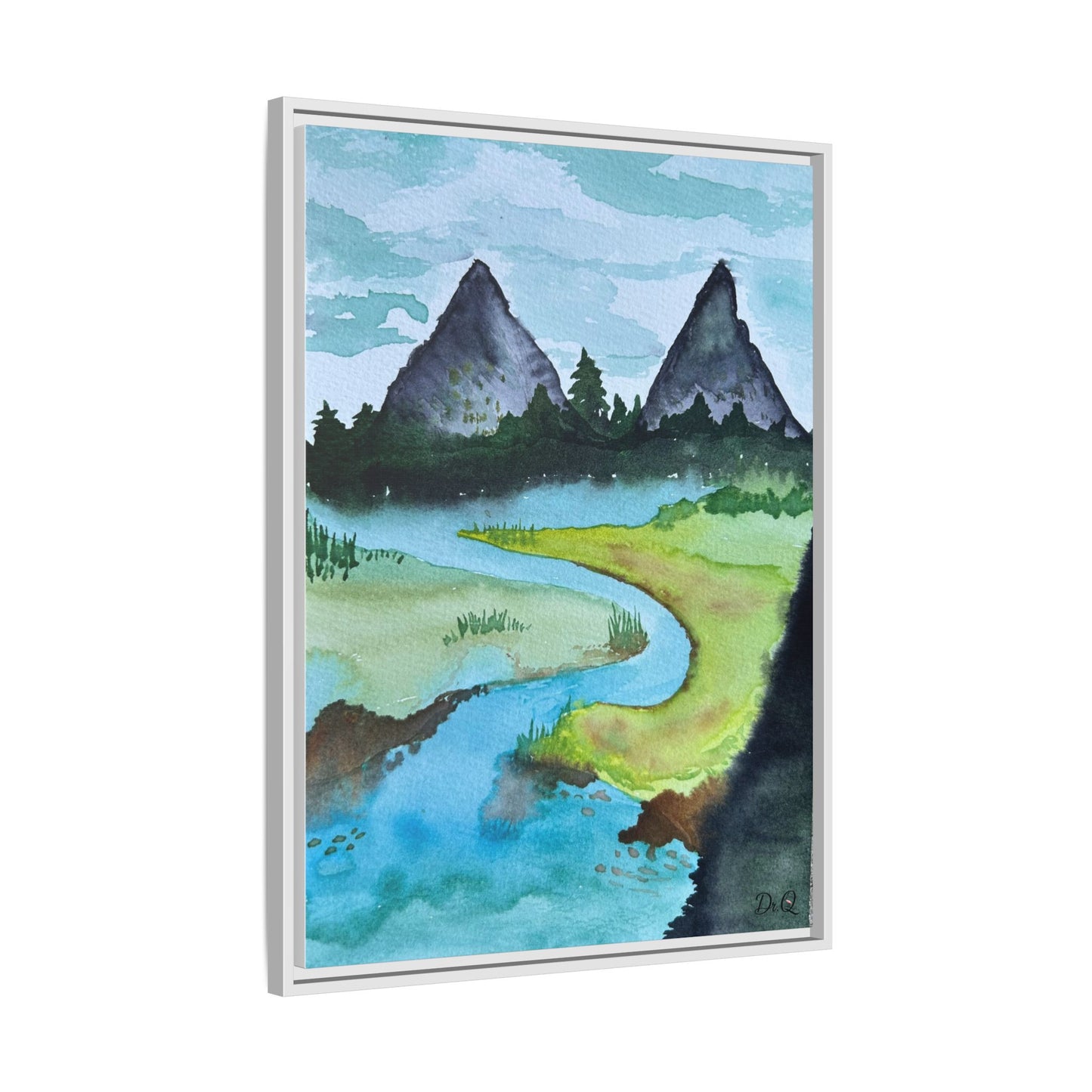 Mountain River Framed Canvas Watercolor Print by Dr. Q