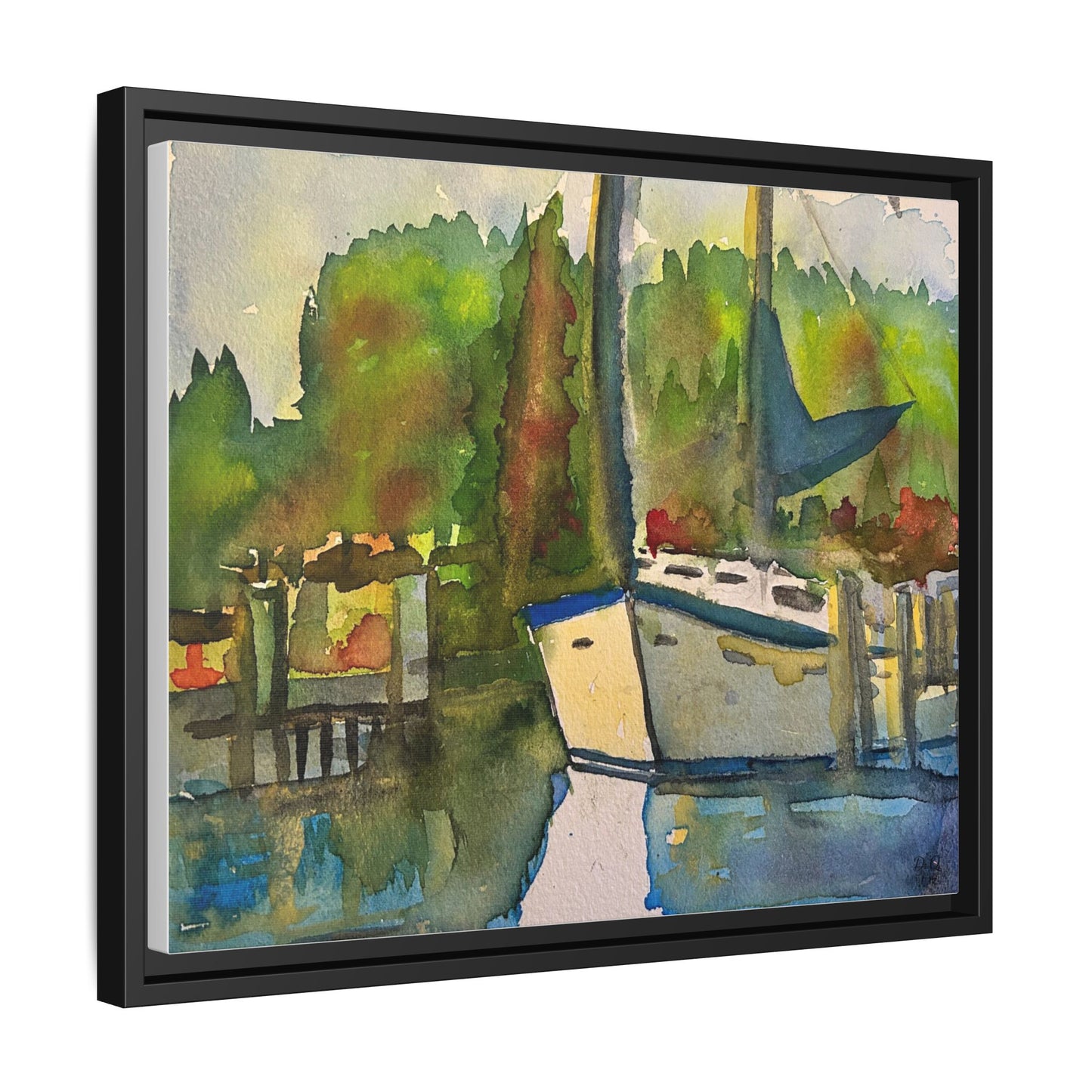 Sailboat Harbor Watercolor — Framed Matte Canvas Wall Art
