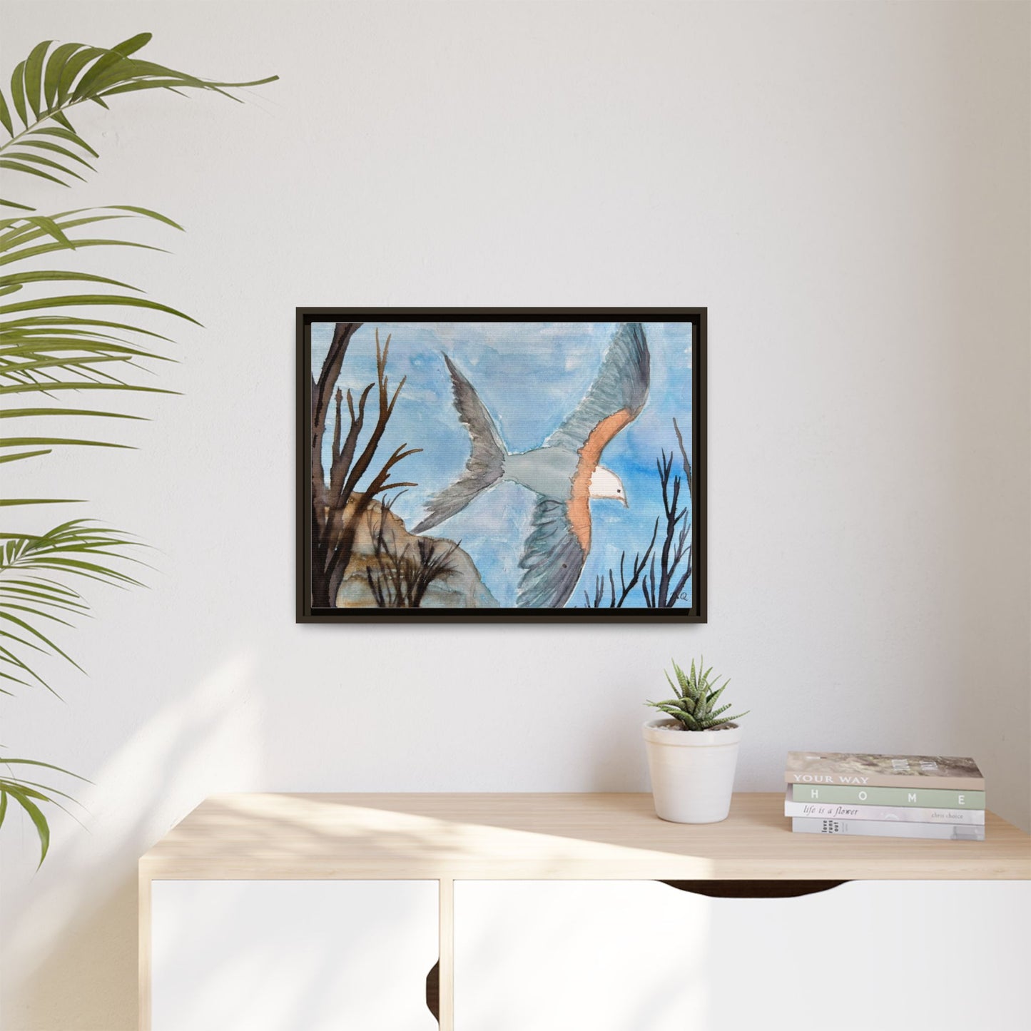 Framed Matte Canvas Wall Art — Soaring Seagull Coastal Print
