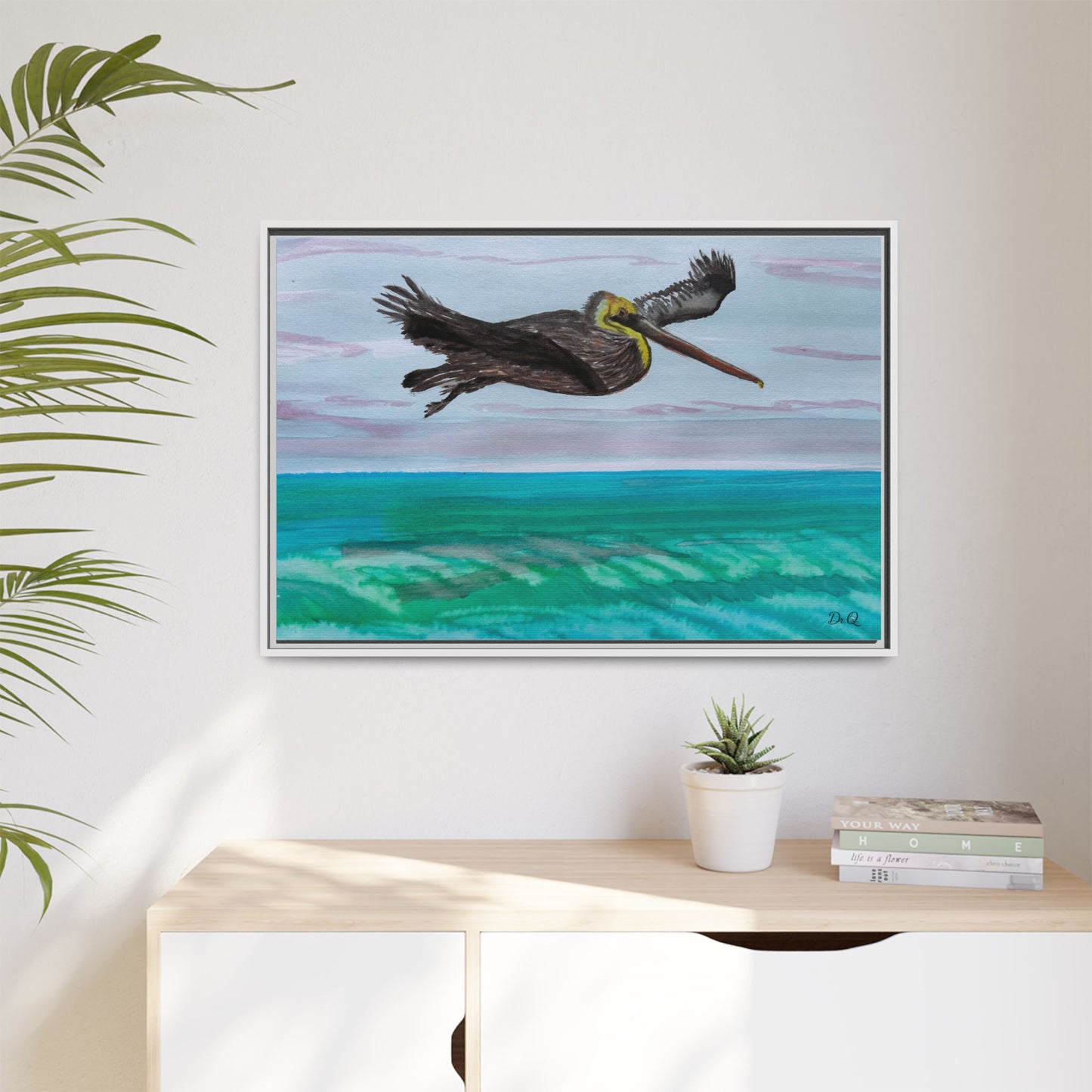 Brown Pelican Over Ocean Matte Framed Canvas Art