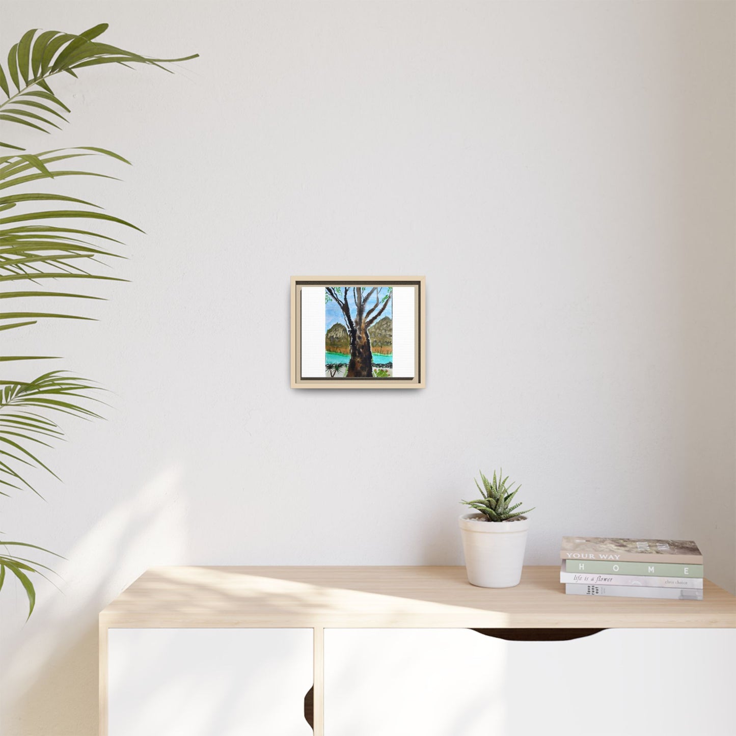 Tranquil Lakeside Tree Watercolor - Framed Matte Canvas Print by Dr. Q