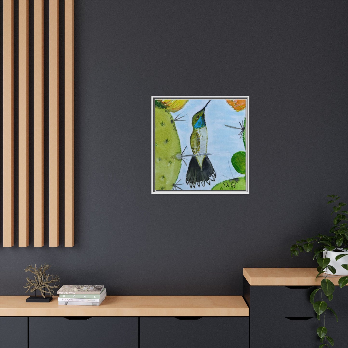 Framed Hummingbird Cactus Watercolor Print on Canvas by Dr. Q — Floral Desert Wall Art