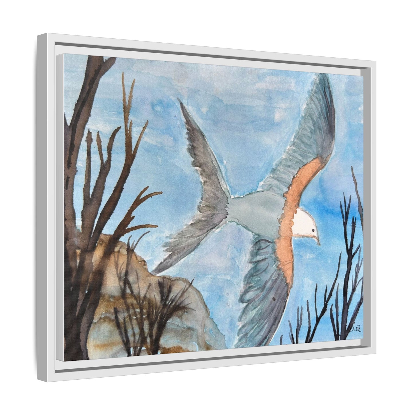 Framed Matte Canvas Wall Art — Soaring Seagull Coastal Print