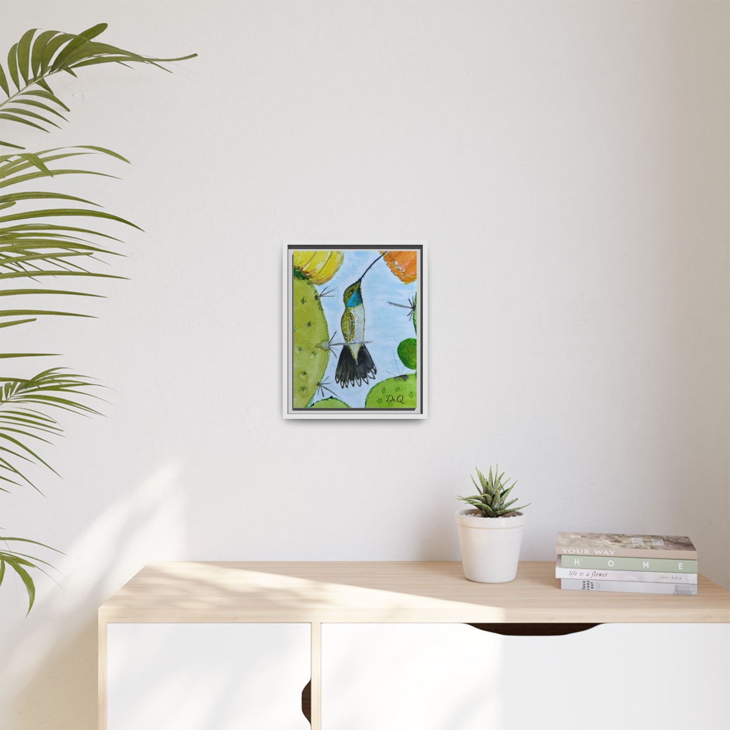 Framed Hummingbird Cactus Watercolor Print on Canvas by Dr. Q — Floral Desert Wall Art