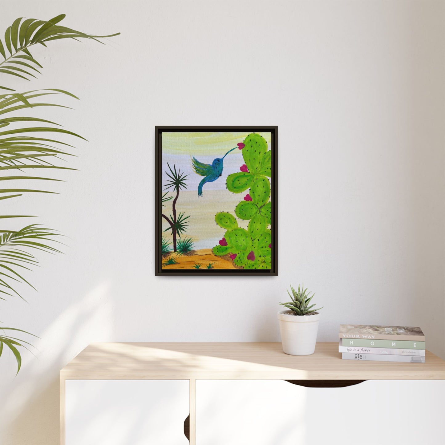 Tropical Cactus & Hummingbird Wall Art - Framed Matte Canvas