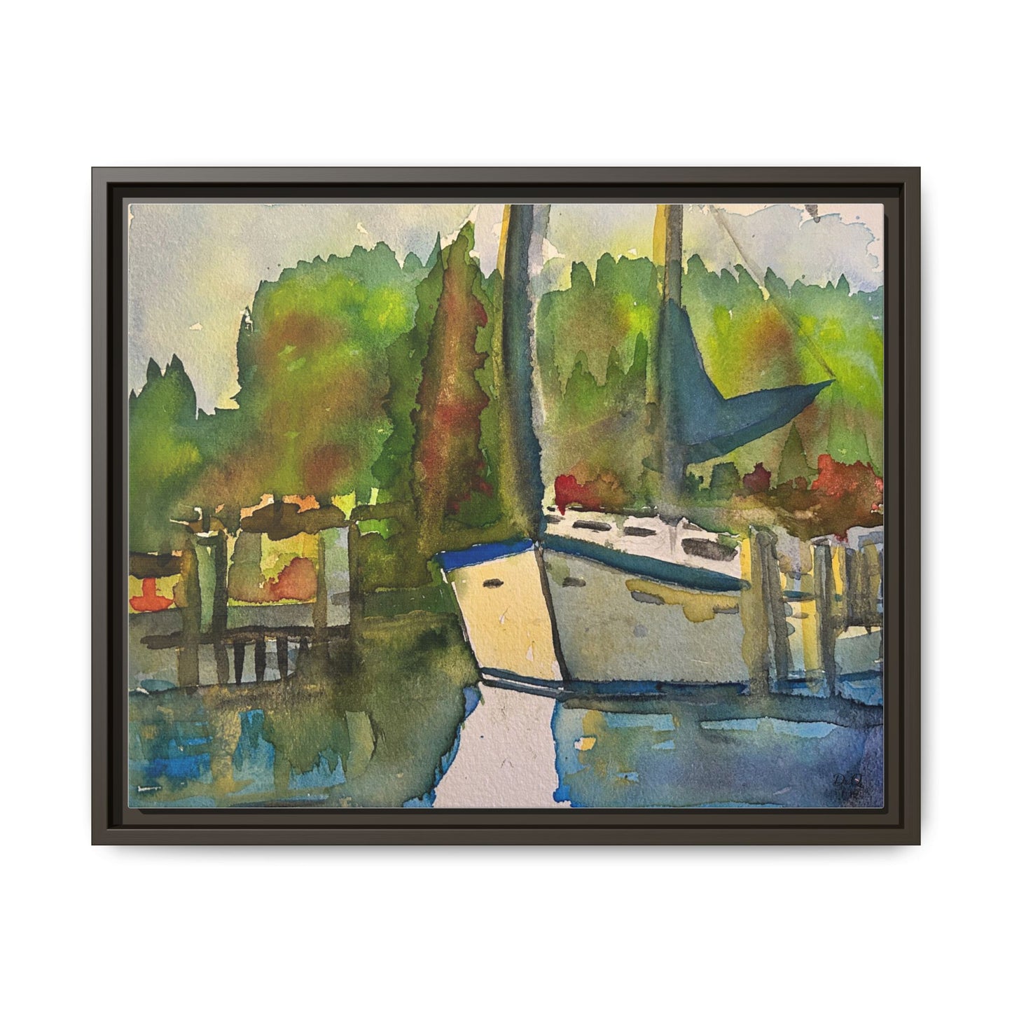 Sailboat Harbor Watercolor — Framed Matte Canvas Wall Art