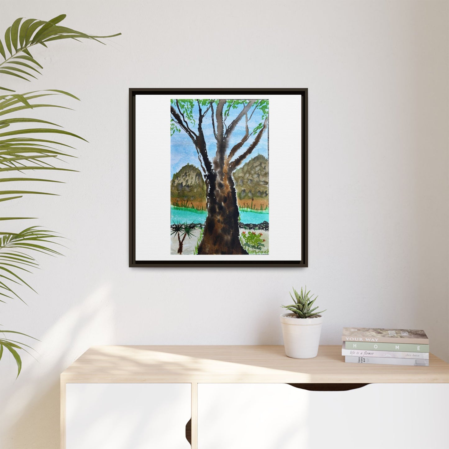 Tranquil Lakeside Tree Watercolor - Framed Matte Canvas Print by Dr. Q