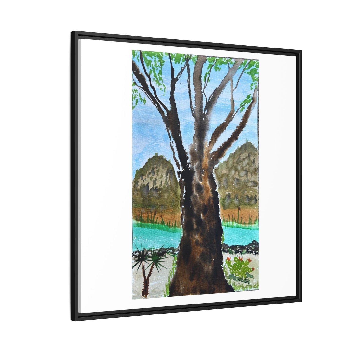 Tranquil Lakeside Tree Watercolor - Framed Matte Canvas Print by Dr. Q