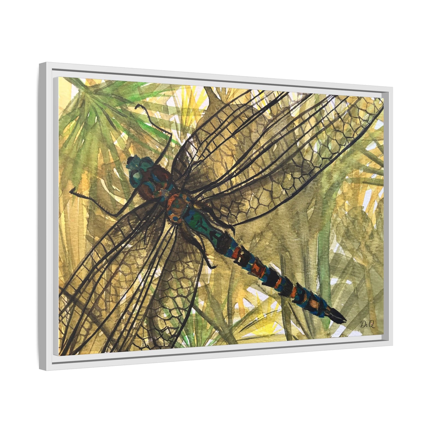 Dragonfly Framed Canvas Art — Botanical Watercolor Wall Decor