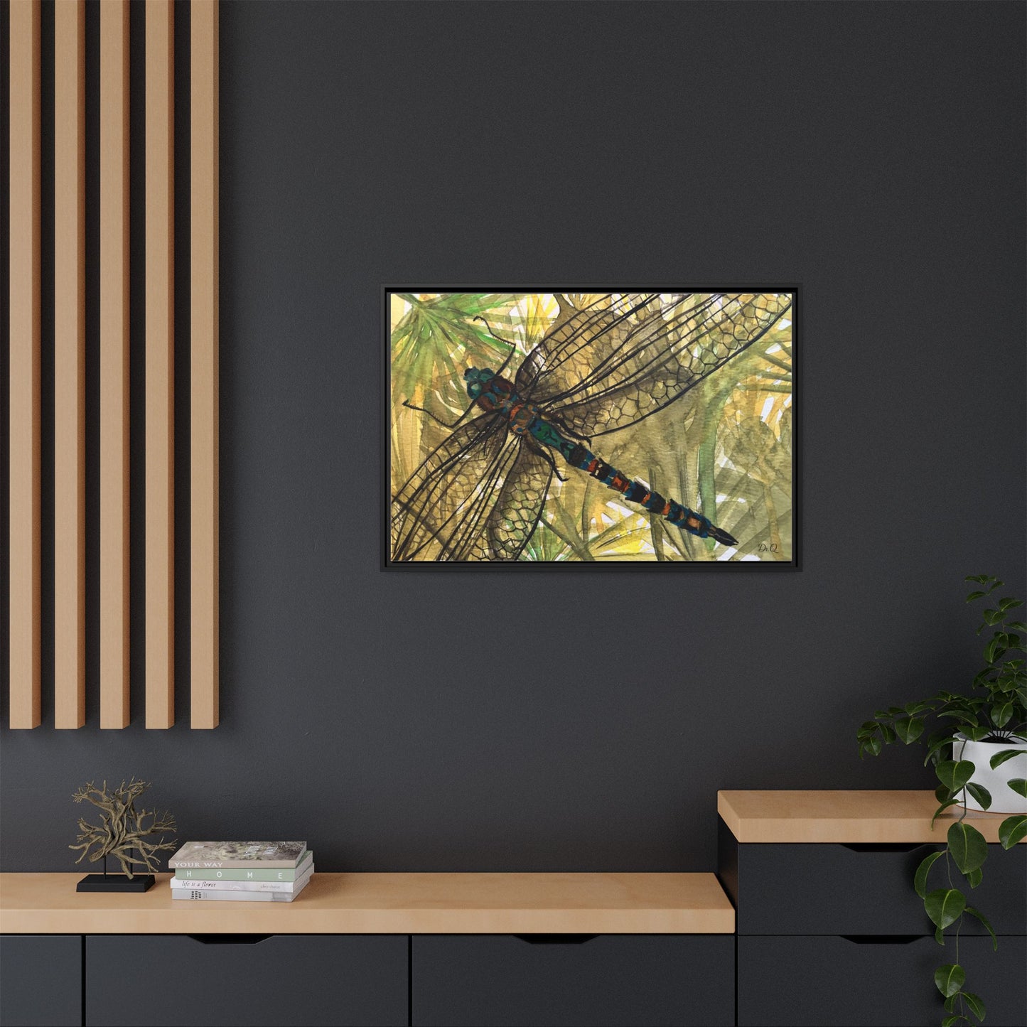 Dragonfly Framed Canvas Art — Botanical Watercolor Wall Decor