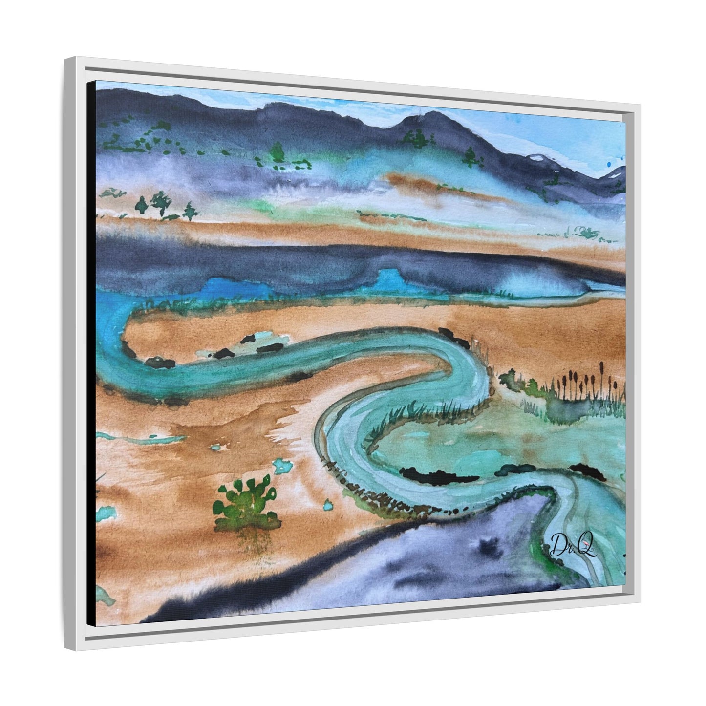 Winding River by Dr. Q - Framed Matte Canvas Watercolor Wall Art
