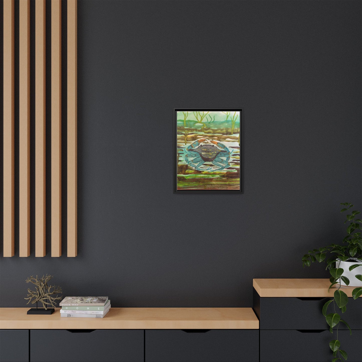 Blue Crab Coastal Art Print — Matte Framed Canvas