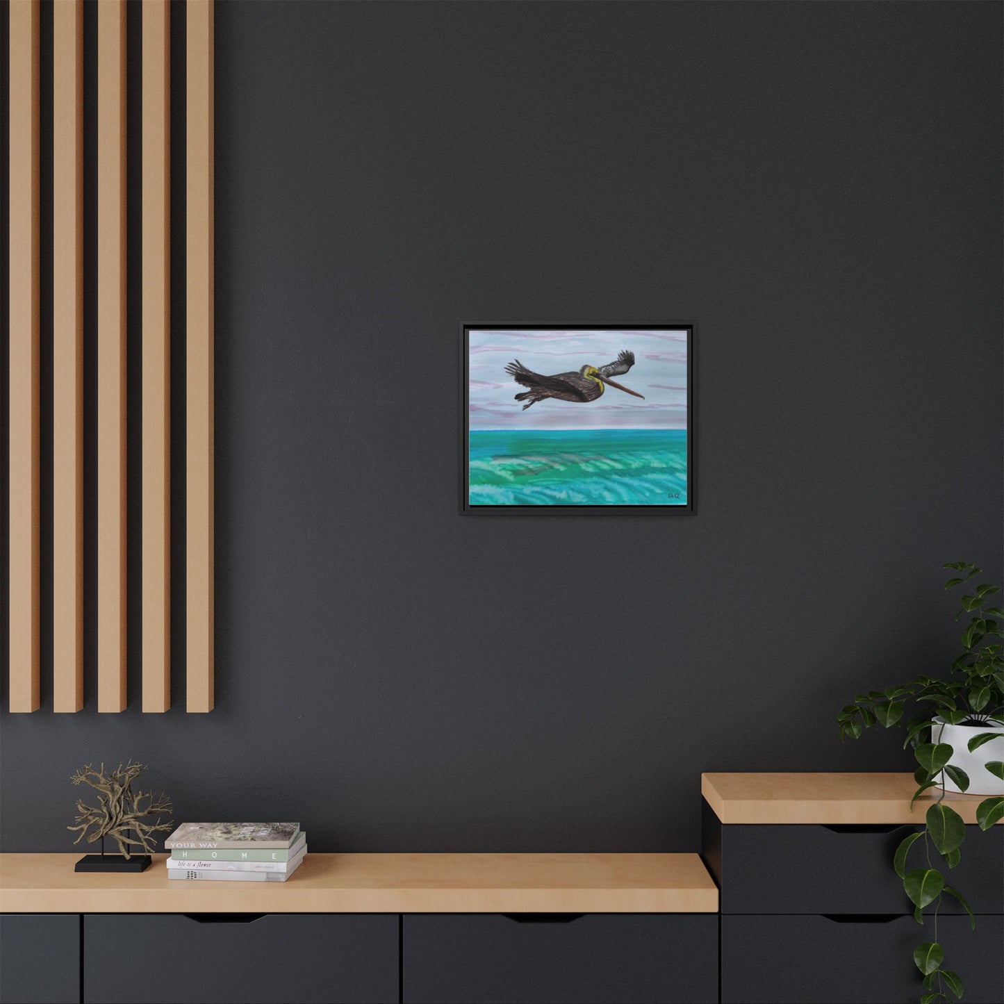Brown Pelican Over Ocean Matte Framed Canvas Art