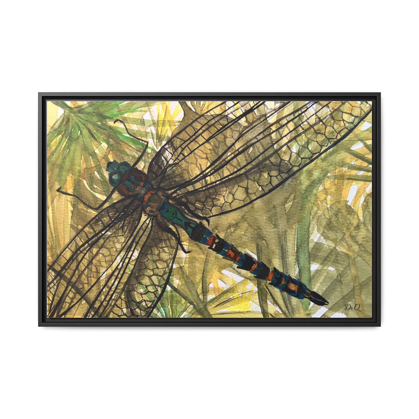 Dragonfly Framed Canvas Art — Botanical Watercolor Wall Decor