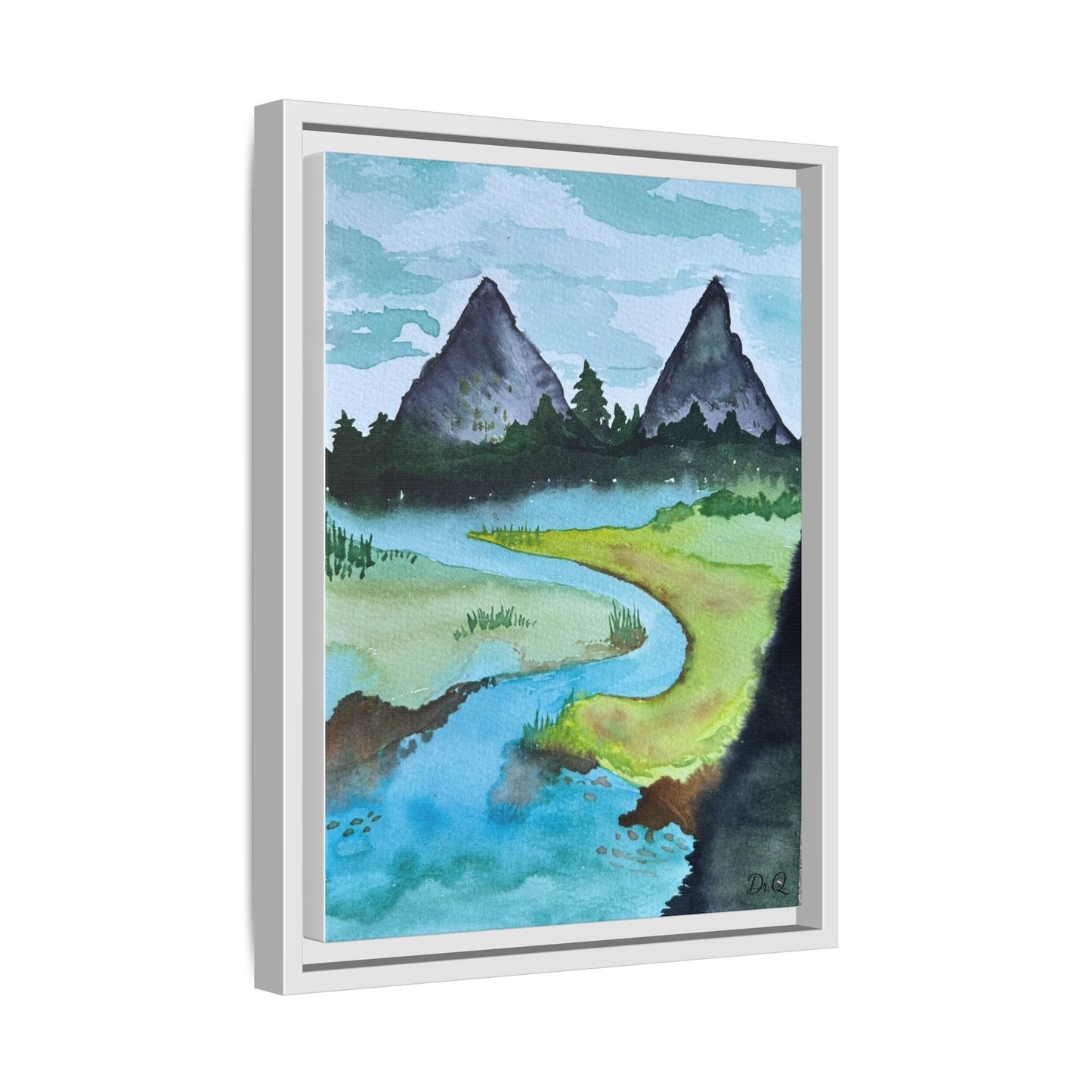 Mountain River Framed Canvas Watercolor Print by Dr. Q