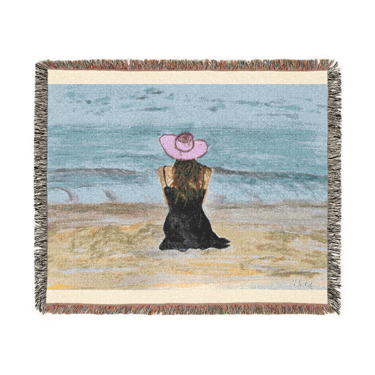 Beachside Woman Woven Blanket — Serene Seaside Throw with Pink Hat Design by Dr. Q
