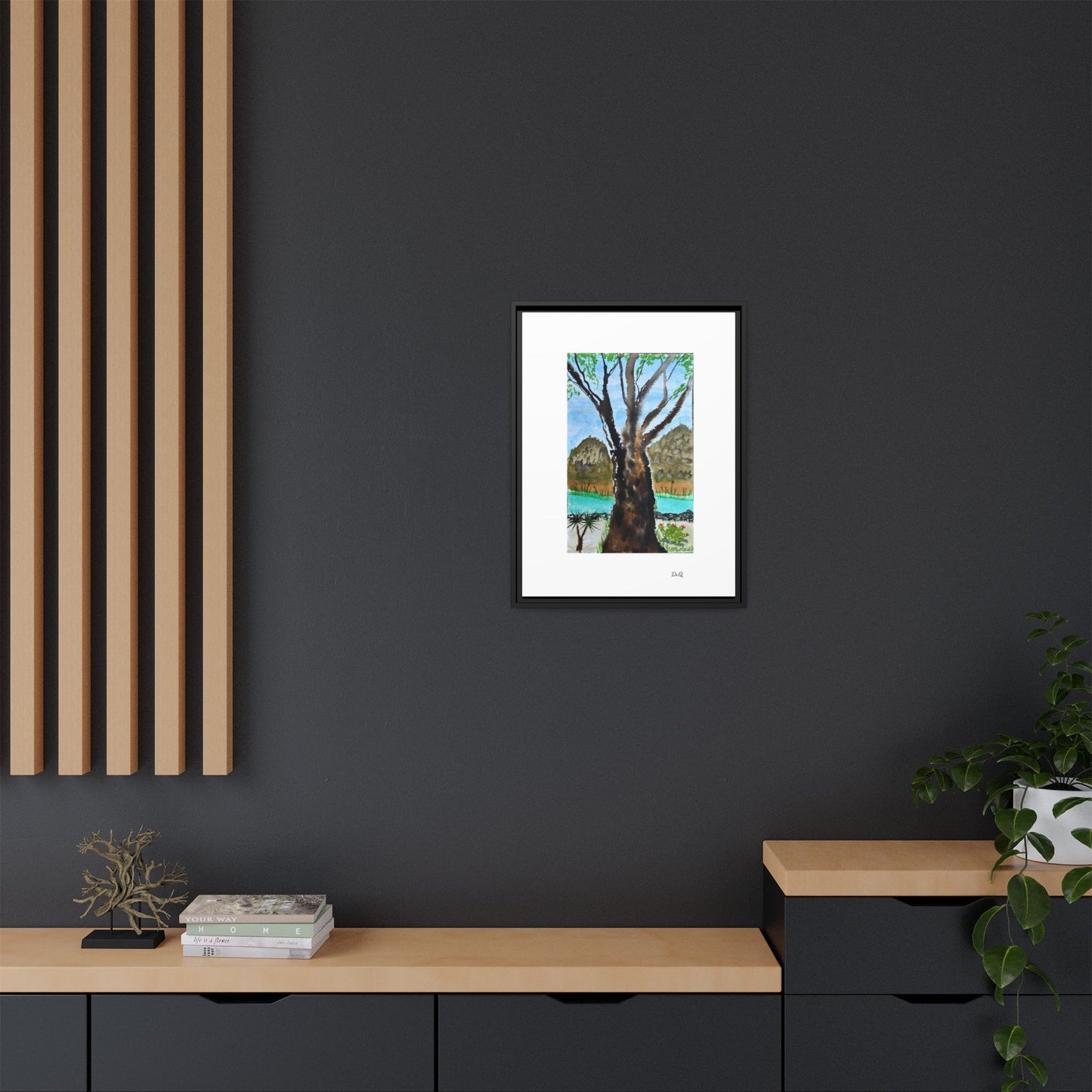 Tranquil Lakeside Tree Watercolor - Framed Matte Canvas Print by Dr. Q