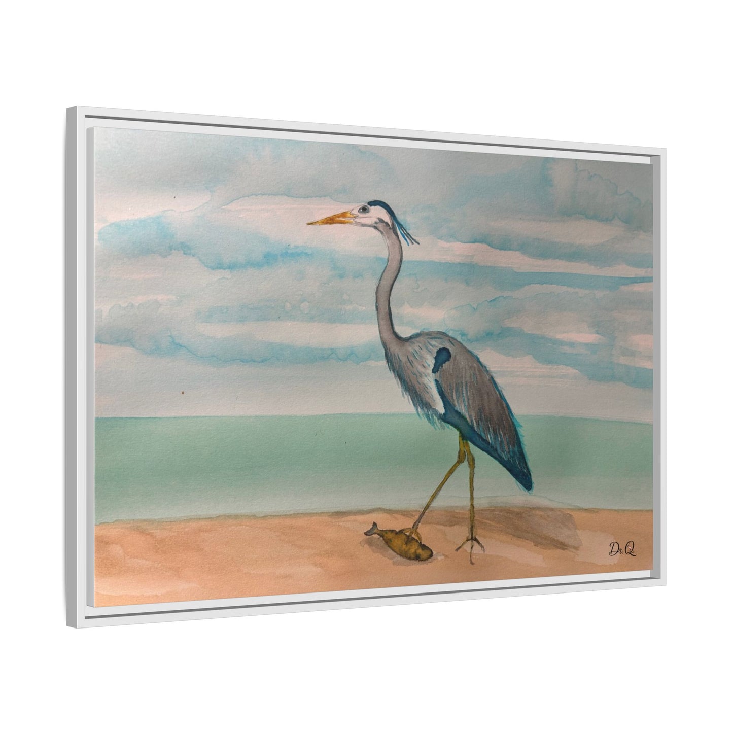 Framed Heron Beach Matte Canvas — Coastal Watercolor Wall Art