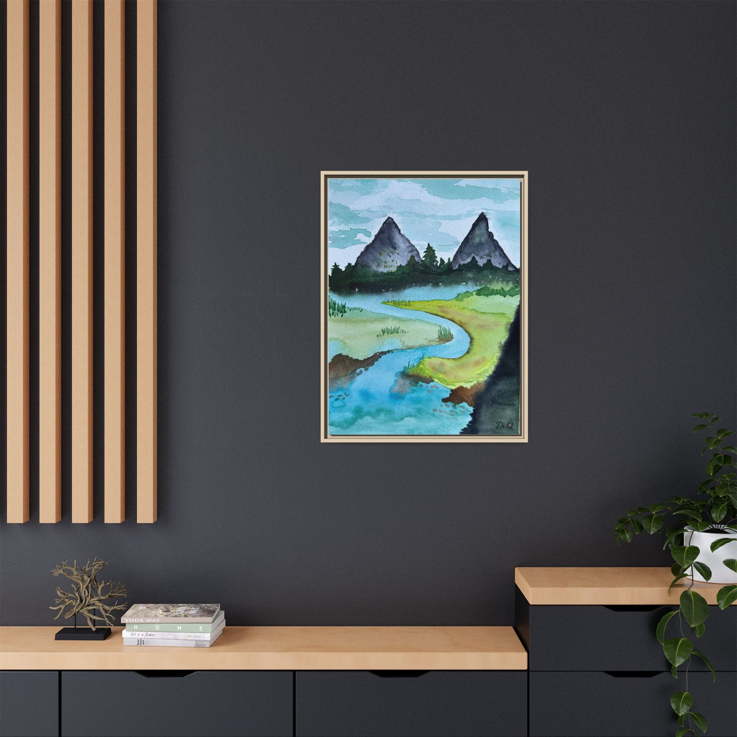 Mountain River Framed Canvas Watercolor Print by Dr. Q