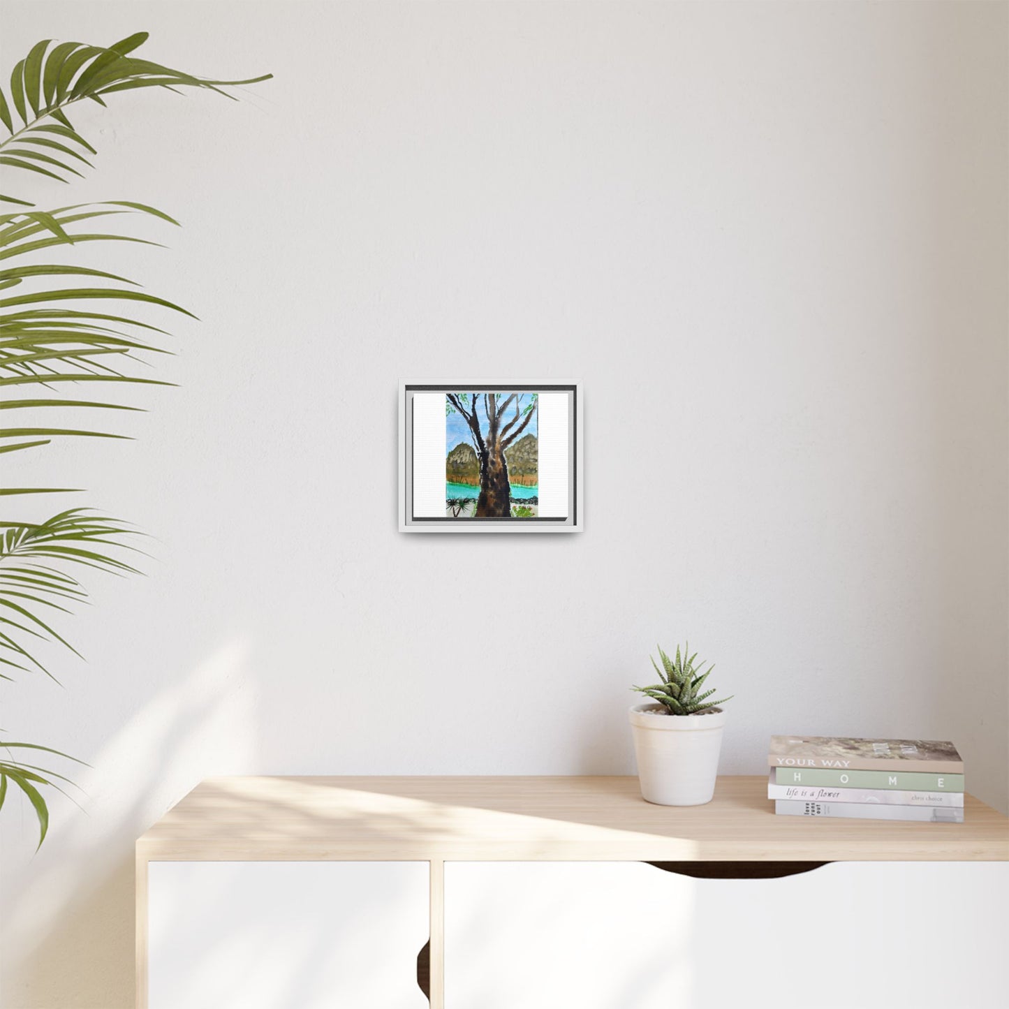 Tranquil Lakeside Tree Watercolor - Framed Matte Canvas Print by Dr. Q
