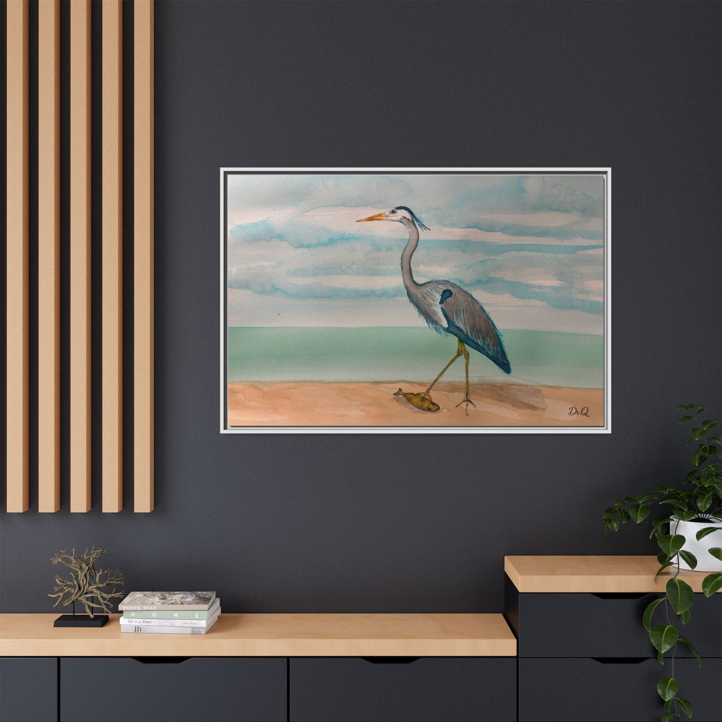 Framed Heron Beach Matte Canvas — Coastal Watercolor Wall Art