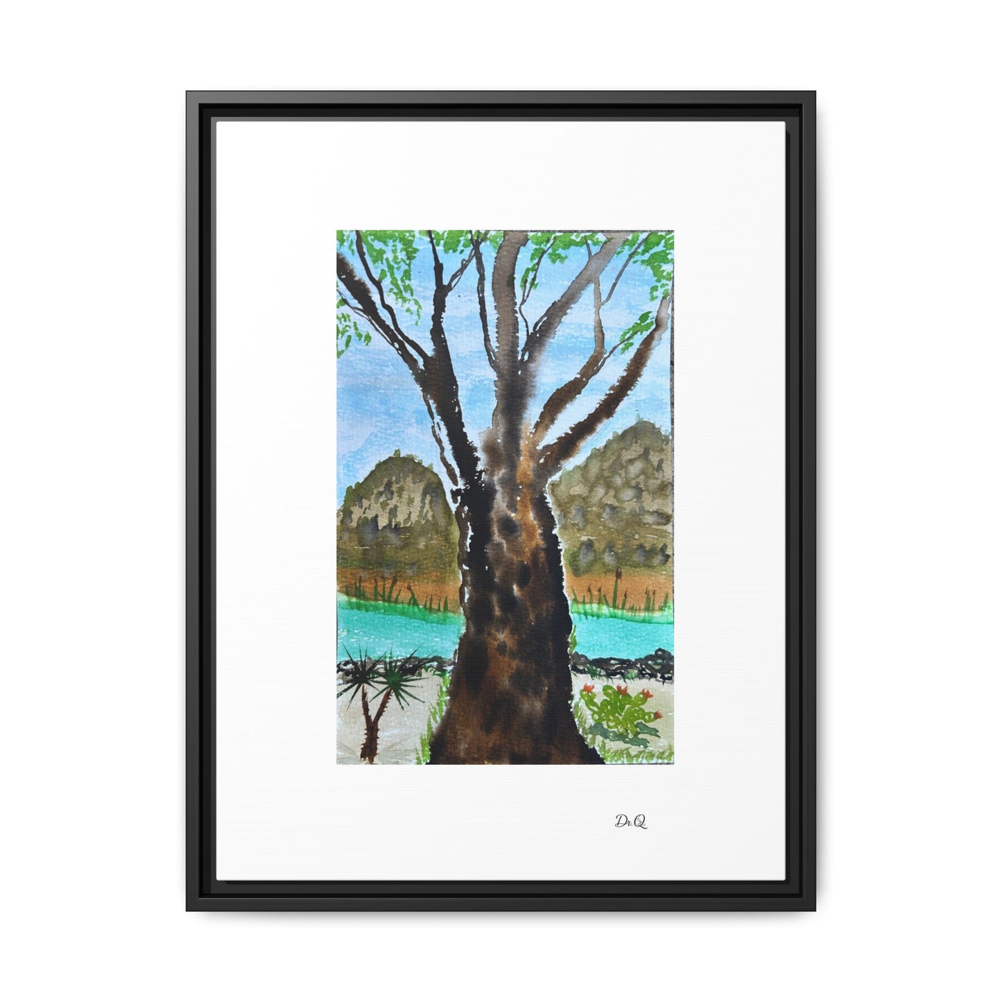Tranquil Lakeside Tree Watercolor - Framed Matte Canvas Print by Dr. Q