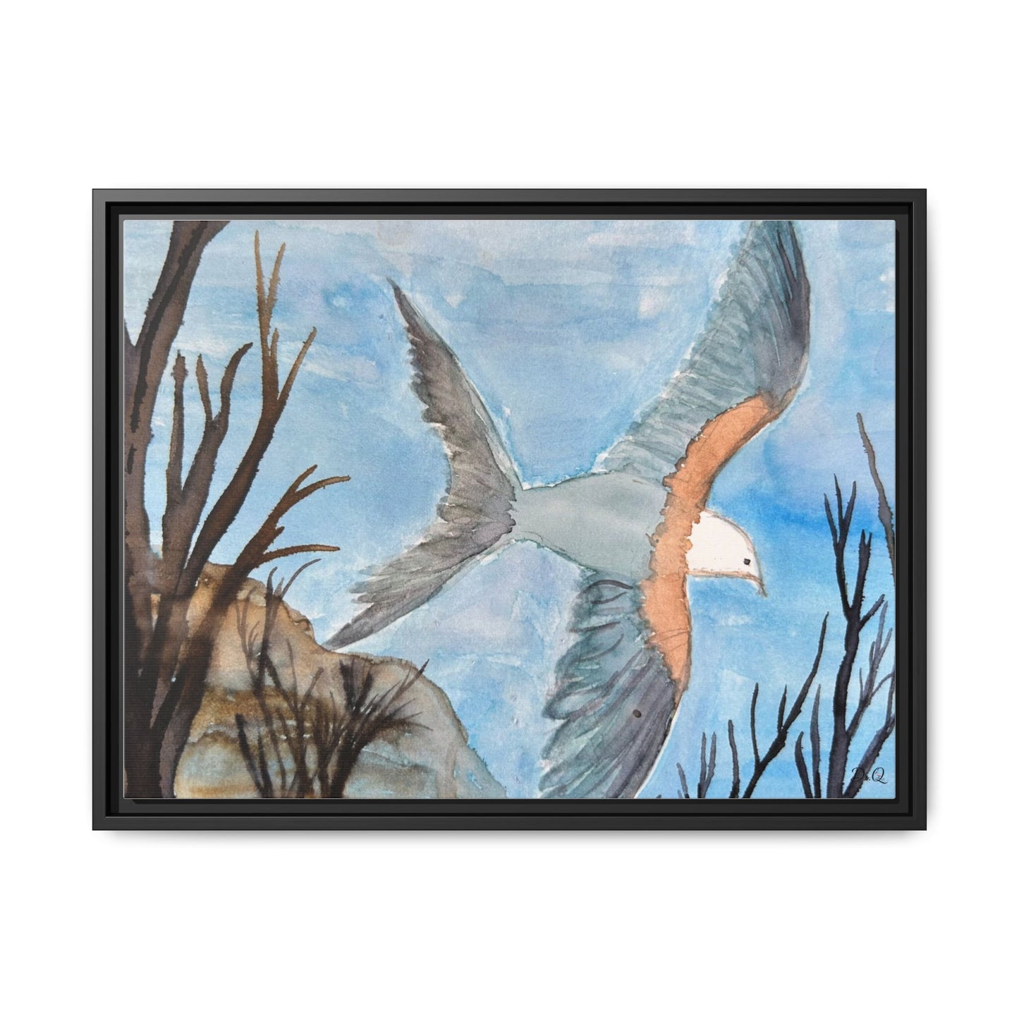 Framed Matte Canvas Wall Art — Soaring Seagull Coastal Print