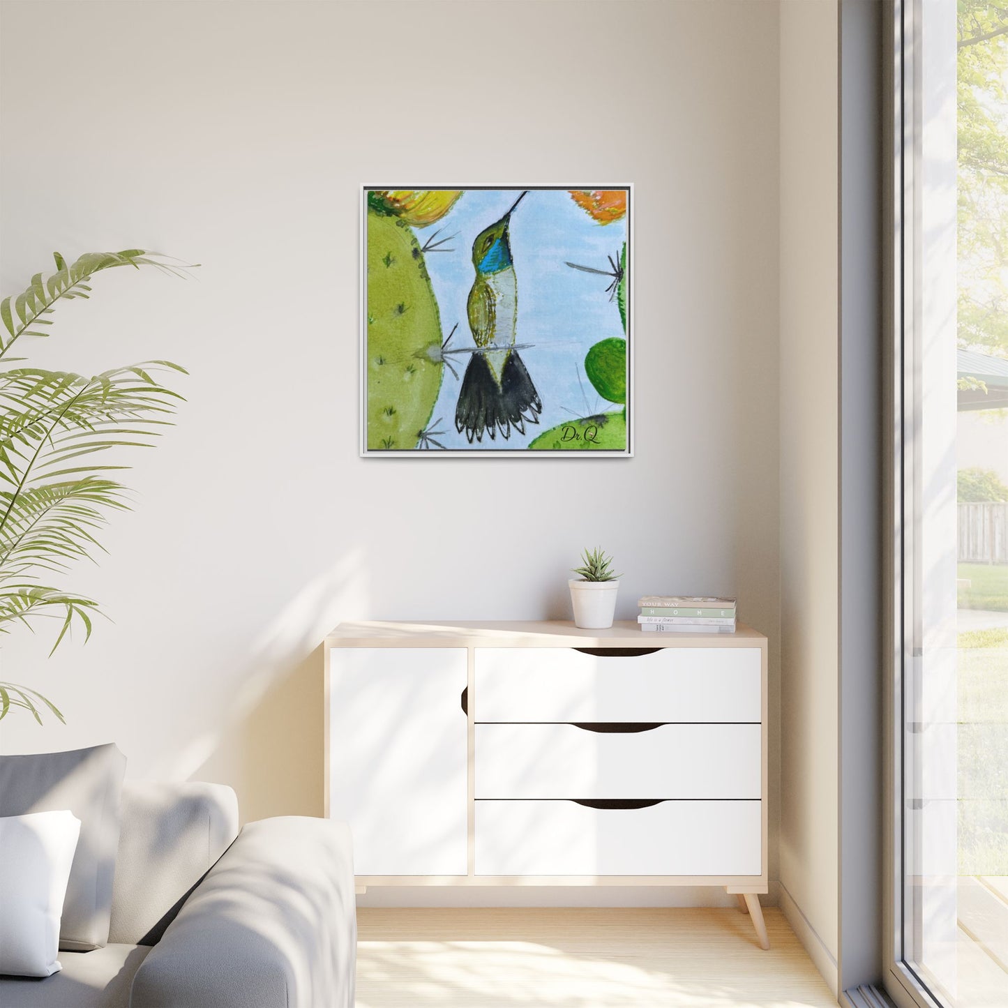 Framed Hummingbird Cactus Watercolor Print on Canvas by Dr. Q — Floral Desert Wall Art