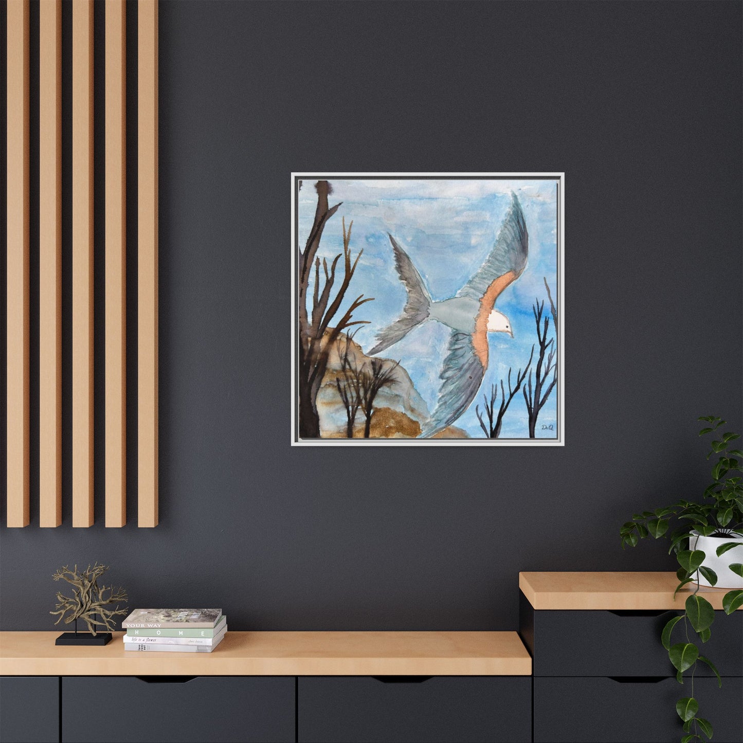 Framed Matte Canvas Wall Art — Soaring Seagull Coastal Print