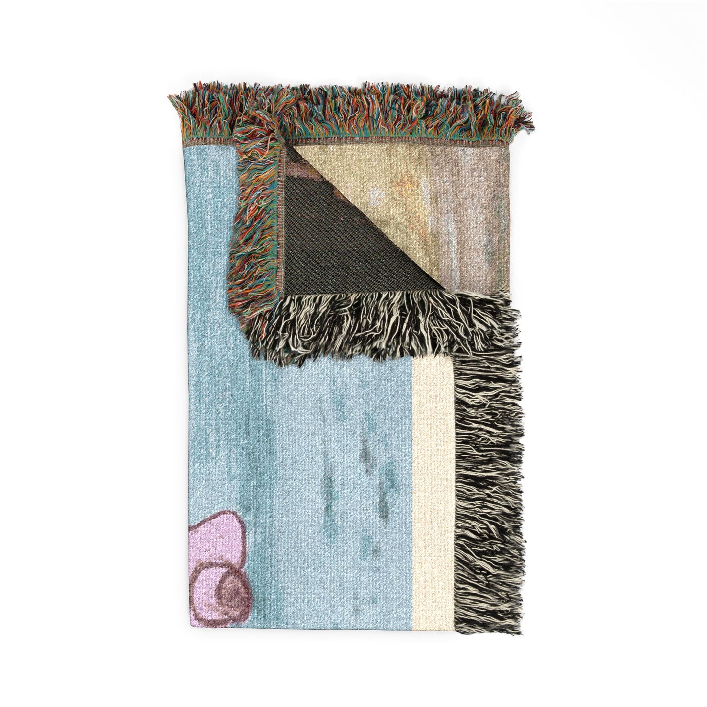 Beachside Woman Woven Blanket — Serene Seaside Throw with Pink Hat Design by Dr. Q