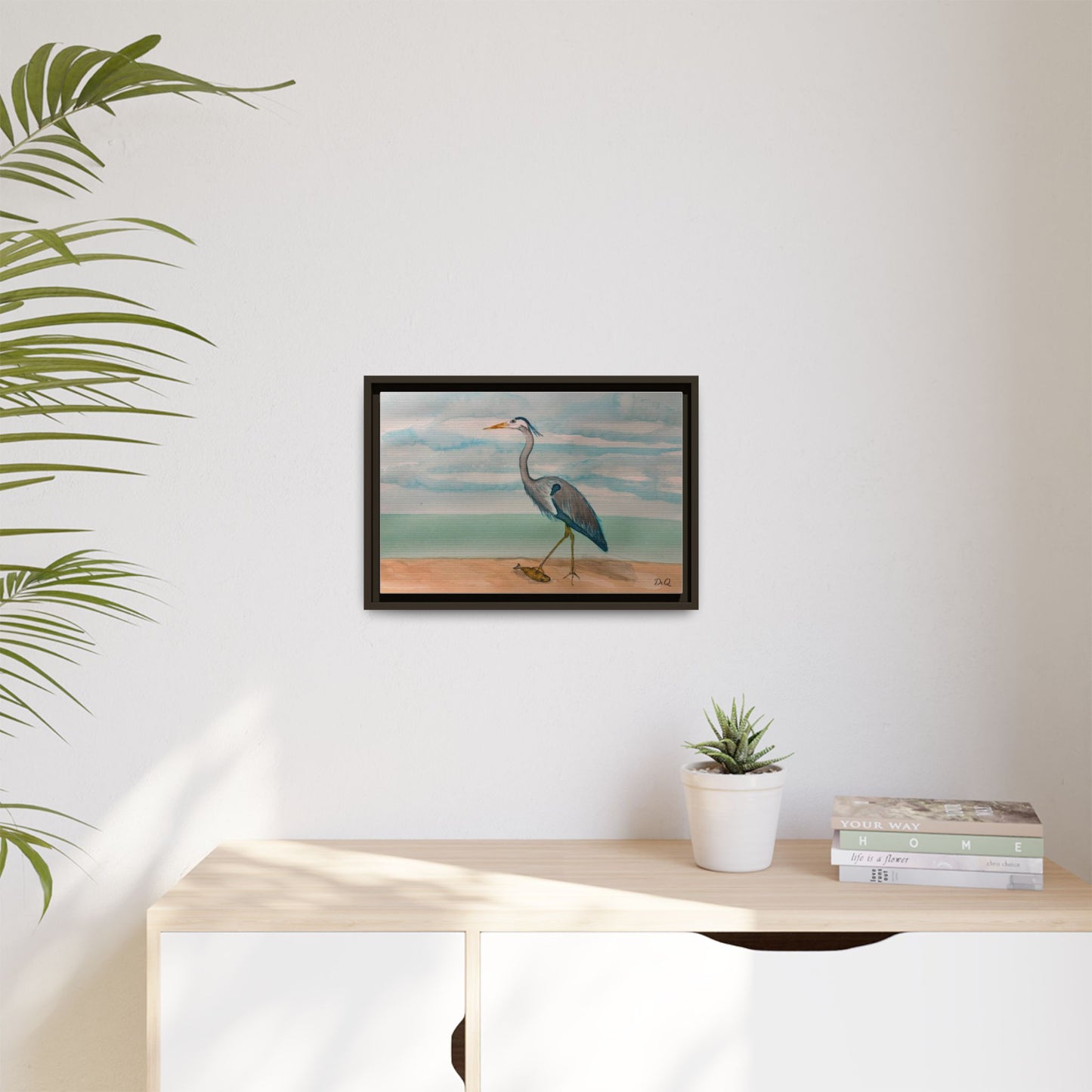 Framed Heron Beach Matte Canvas — Coastal Watercolor Wall Art