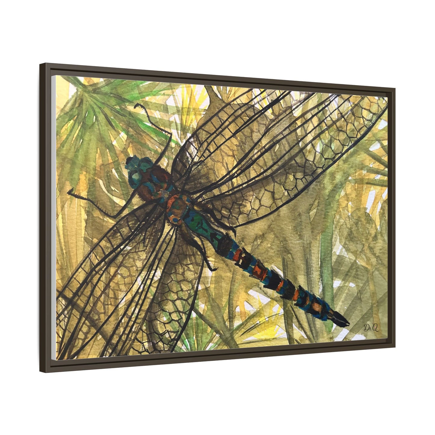 Dragonfly Framed Canvas Art — Botanical Watercolor Wall Decor