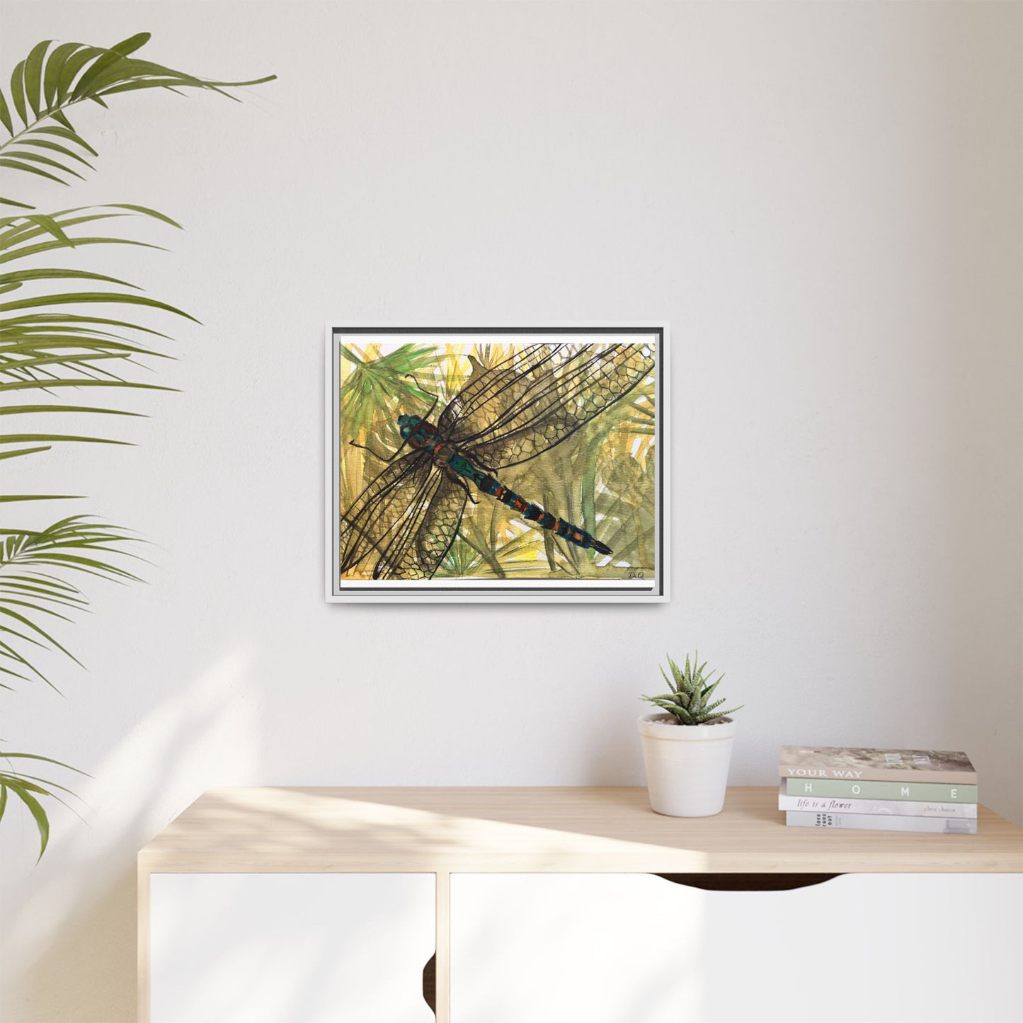 Dragonfly Framed Canvas Art — Botanical Watercolor Wall Decor
