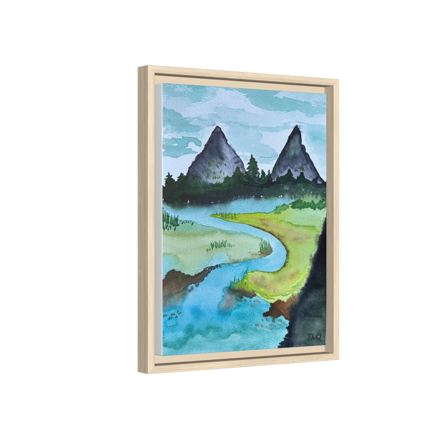 Mountain River Framed Canvas Watercolor Print by Dr. Q