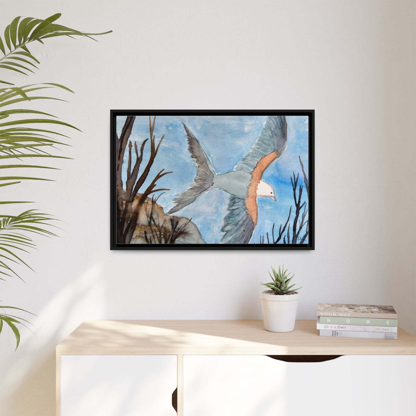 Framed Matte Canvas Wall Art — Soaring Seagull Coastal Print